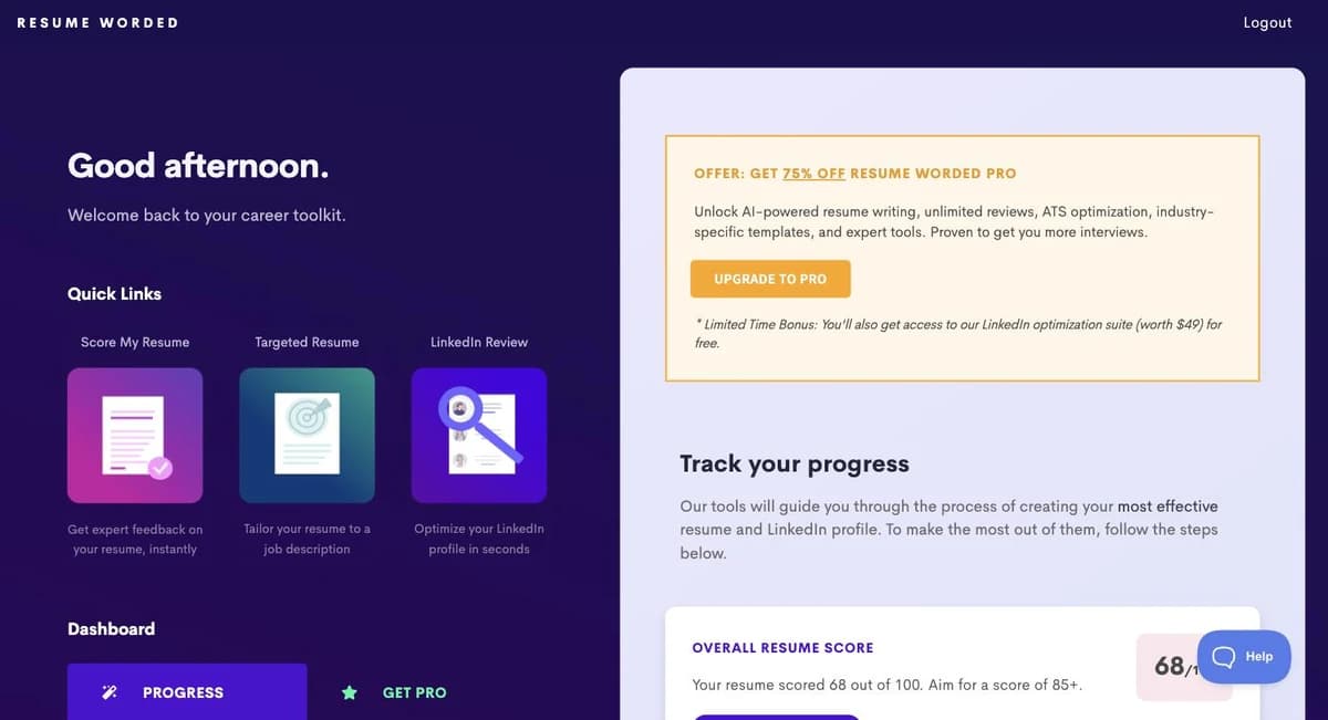 Resume Worded dashboard with Score My Resume, Targeted Resume and LinkedIn Review tools, an Offer: get 75% off Resume Worded Pro banner and an overall resume score of 68