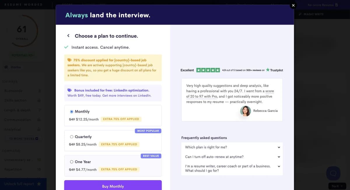 Resume Worded plan chooser with a 75% discount applied, showing Monthly $12.25 per month, Quarterly $8.25 per month and One Year $4.77 per month with $49 struck through