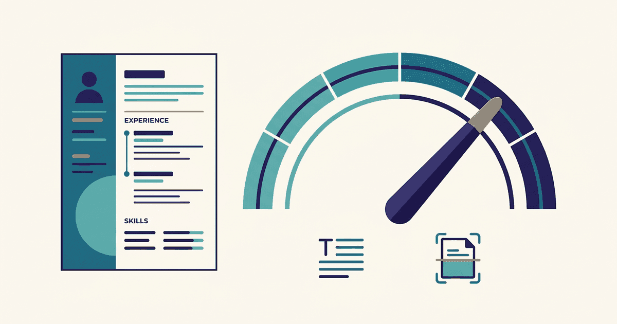 A resume with a score dial beside it, one half labelled by a text icon and the other by a document-scan icon