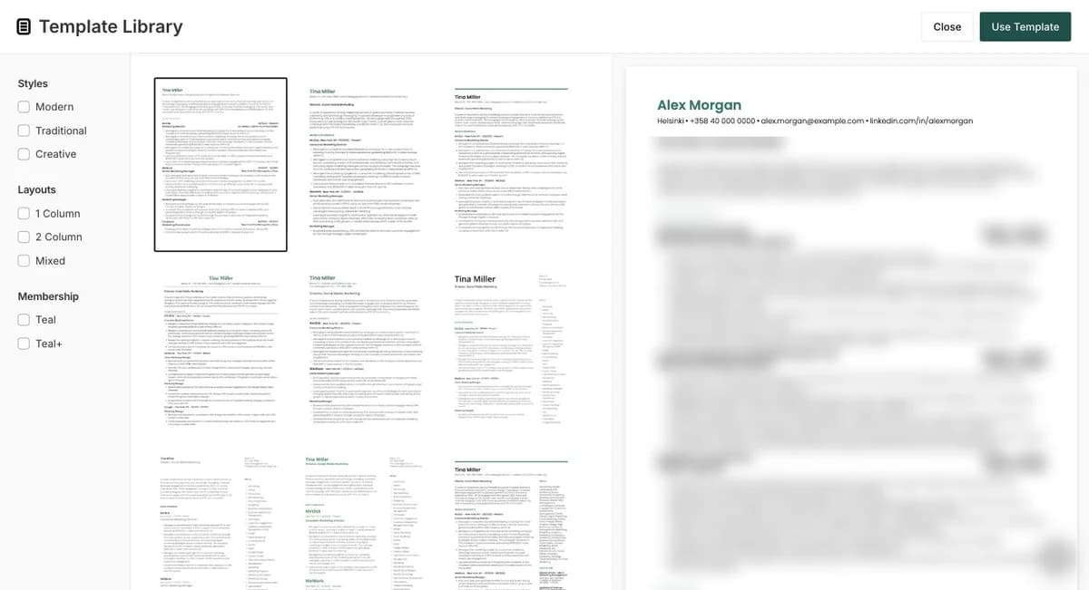 Teal template library with Styles, Layouts and Membership filters on the left, a grid of document-style templates and a live preview of the user's resume on the right, blurred