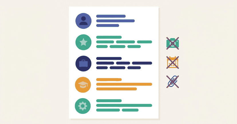 A resume with each section labelled: contact, summary, experience, education, skills, with crossed-out items in the margin