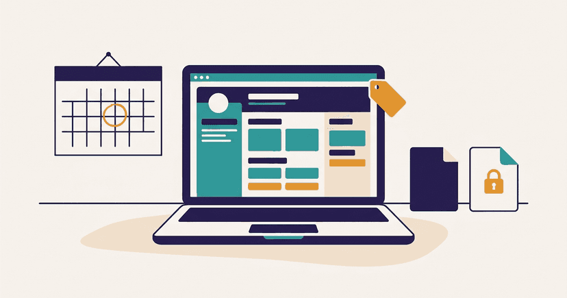 A resume builder screen with a small price tag, a calendar with a circled day, and a plain-text file icon beside a PDF icon