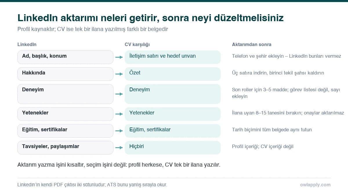 LinkedIn bölümleri solda, CV karşılıkları ortada, aktarım sonrası yapılacak düzeltmeler sağda