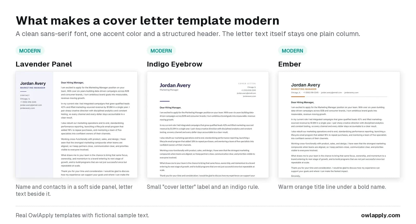 Três modelos modernos de carta de apresentação do OwlApply, Lavender Panel, Indigo Eyebrow e Ember, com a mesma carta de exemplo