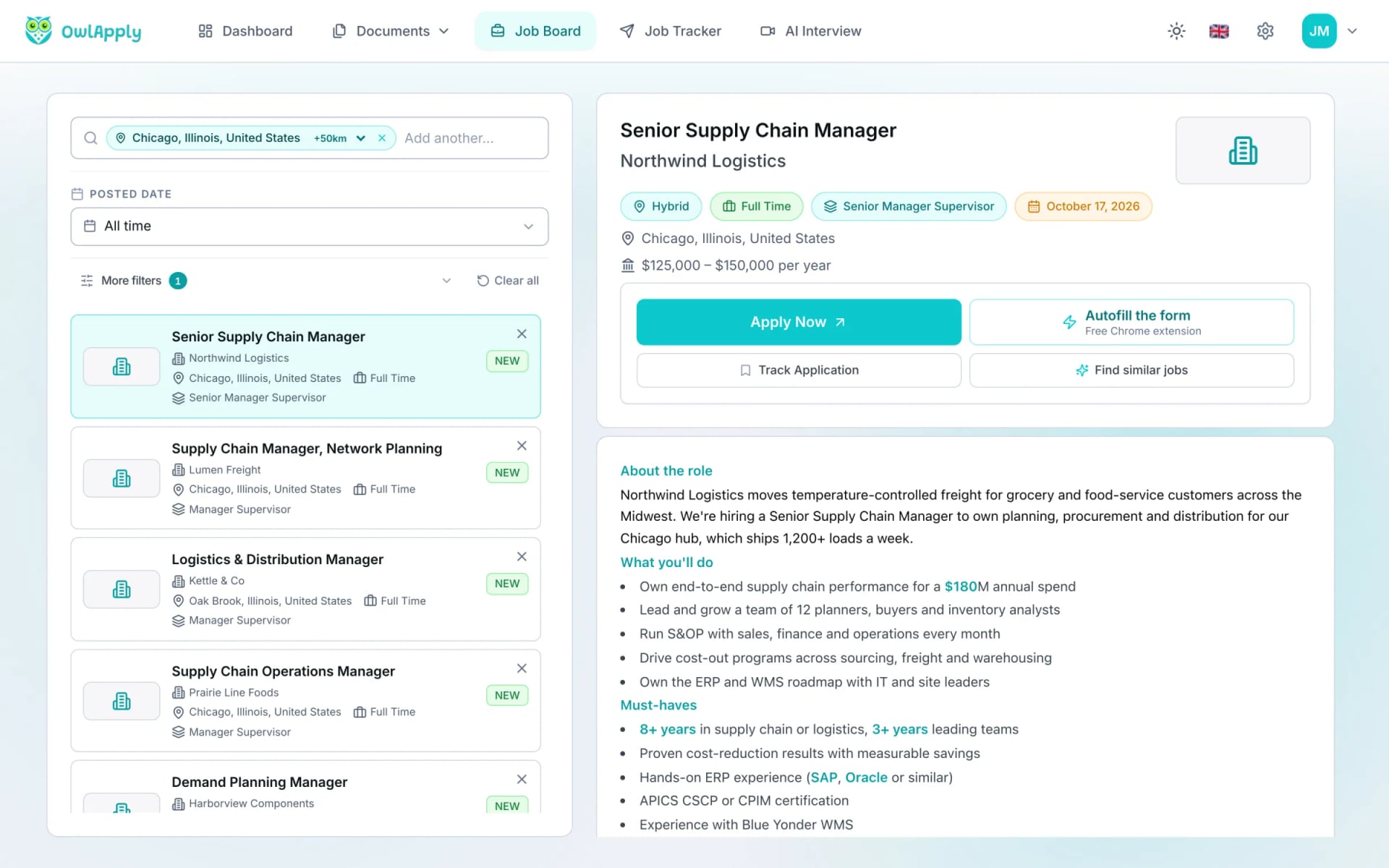 O quadro de ofertas do OwlApply com ofertas ordenadas de acordo com o CV