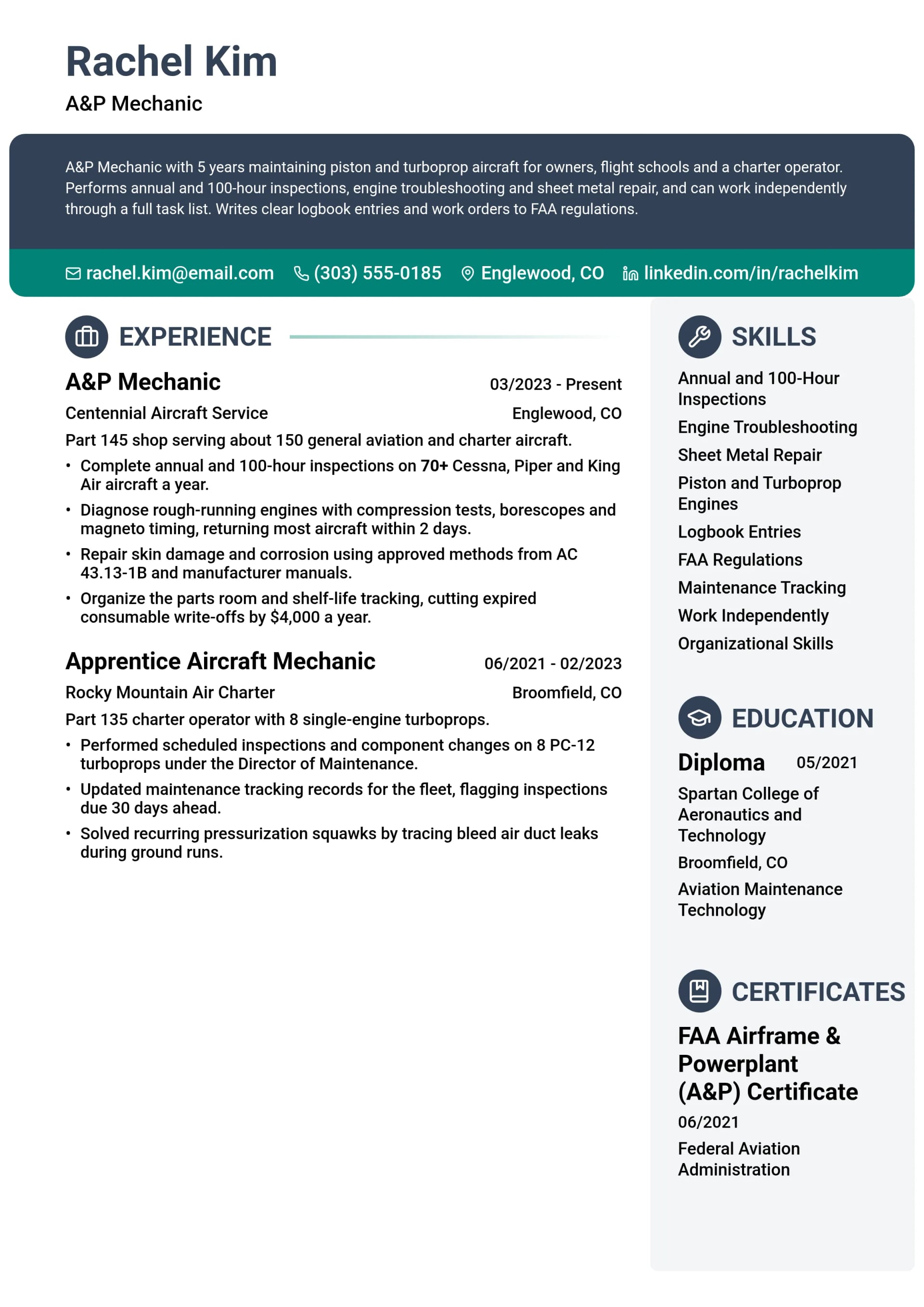 A&P Mechanic resume example