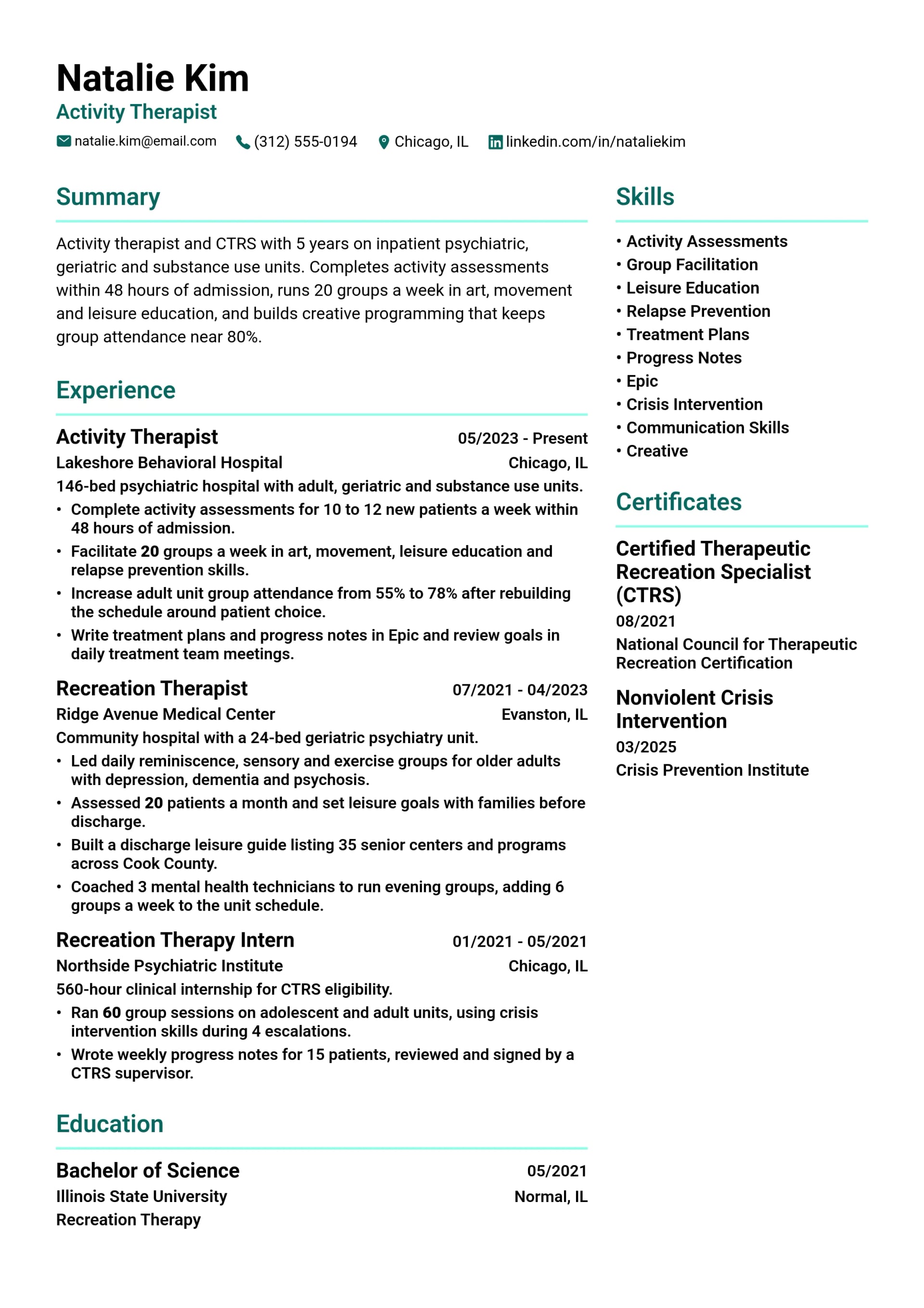 Activity Therapist resume example