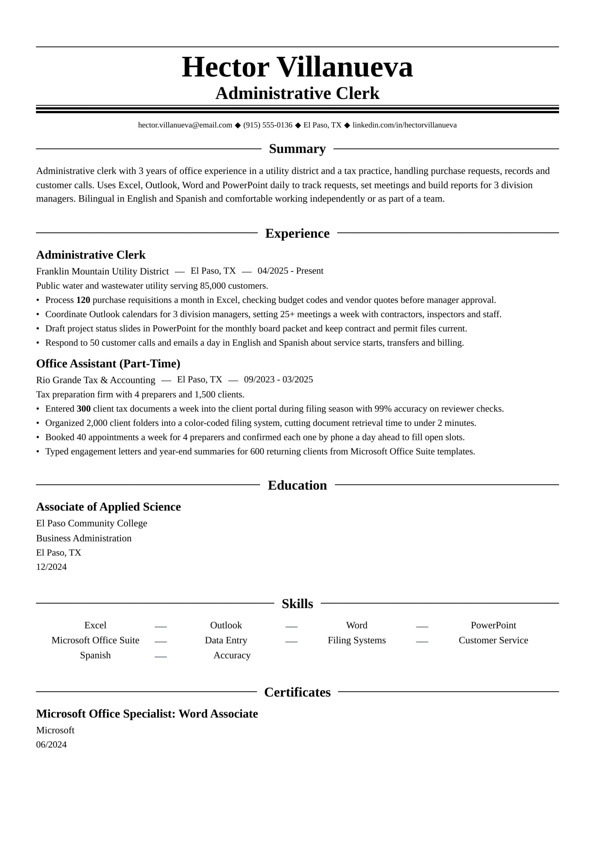 Administrative Clerk resume example