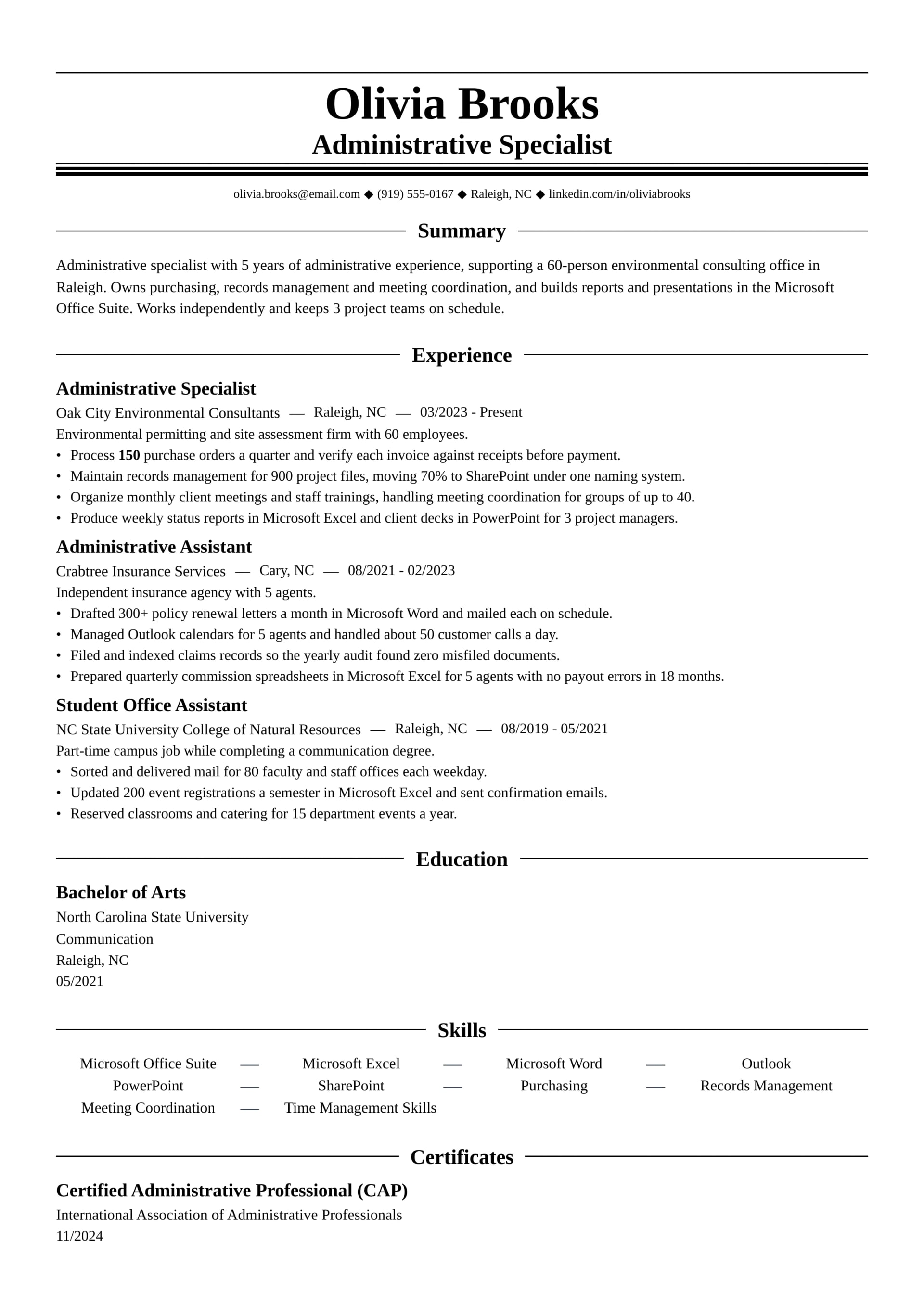 Administrative Specialist resume example