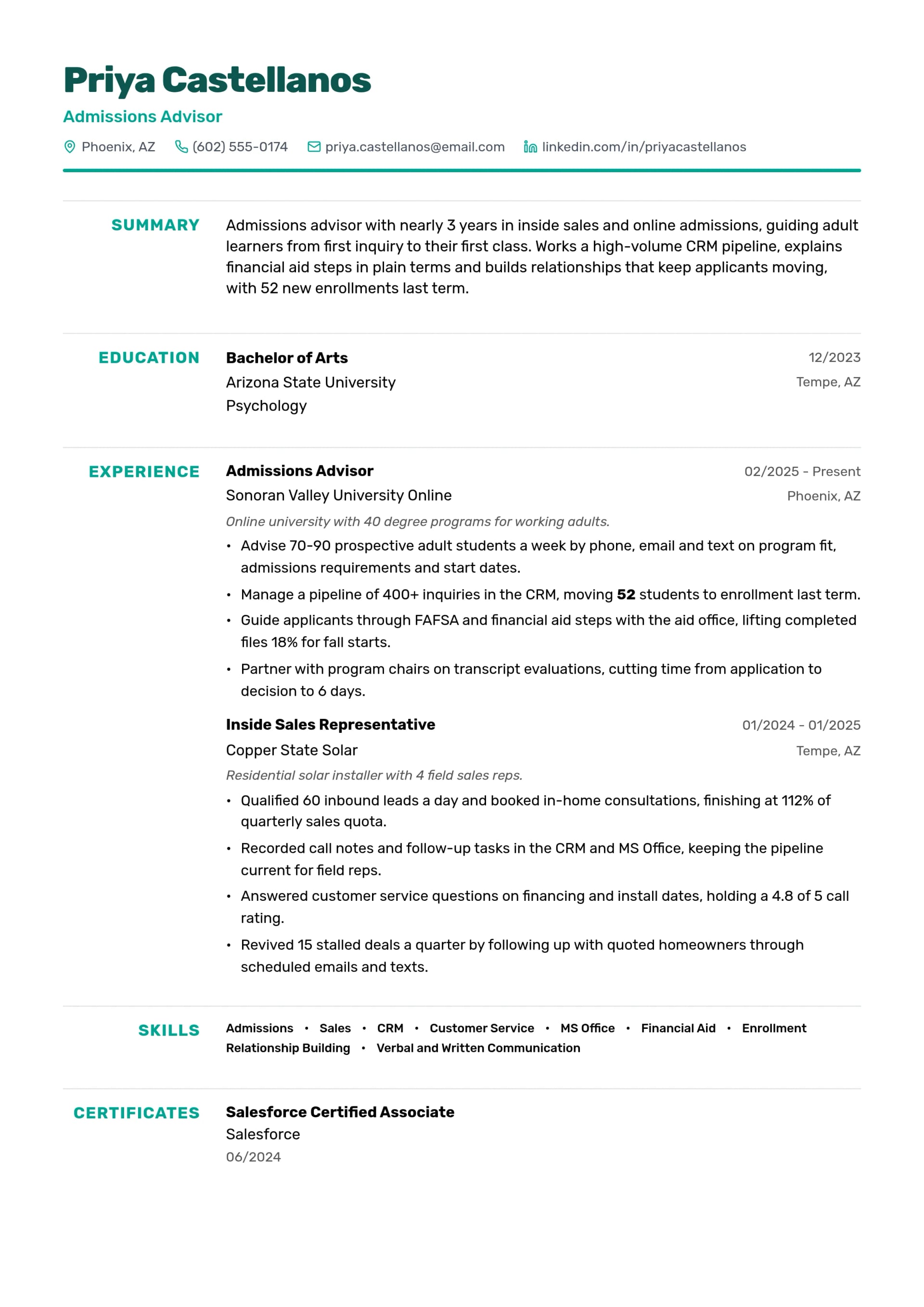 Admissions Advisor resume example