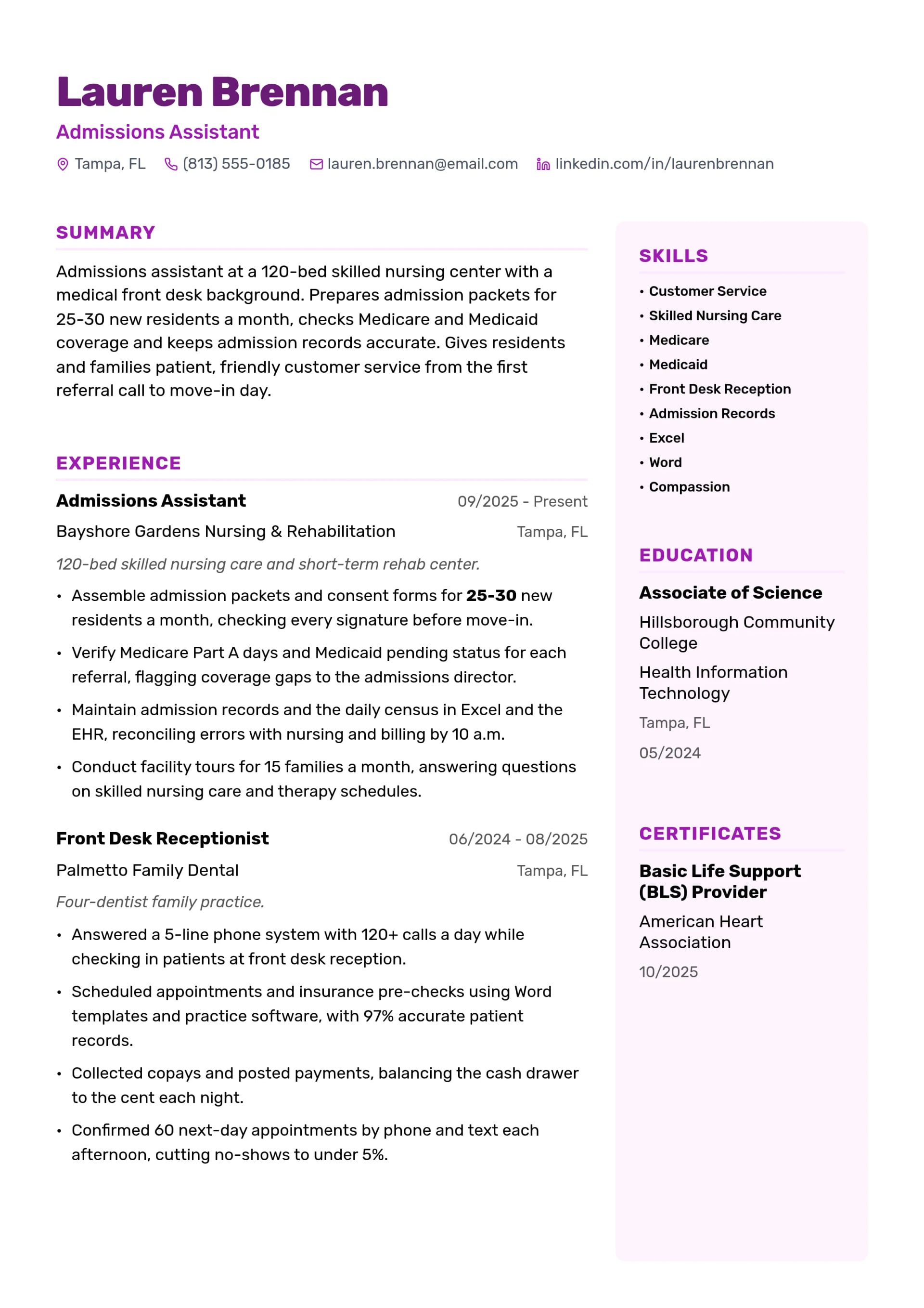 Admissions Assistant resume example