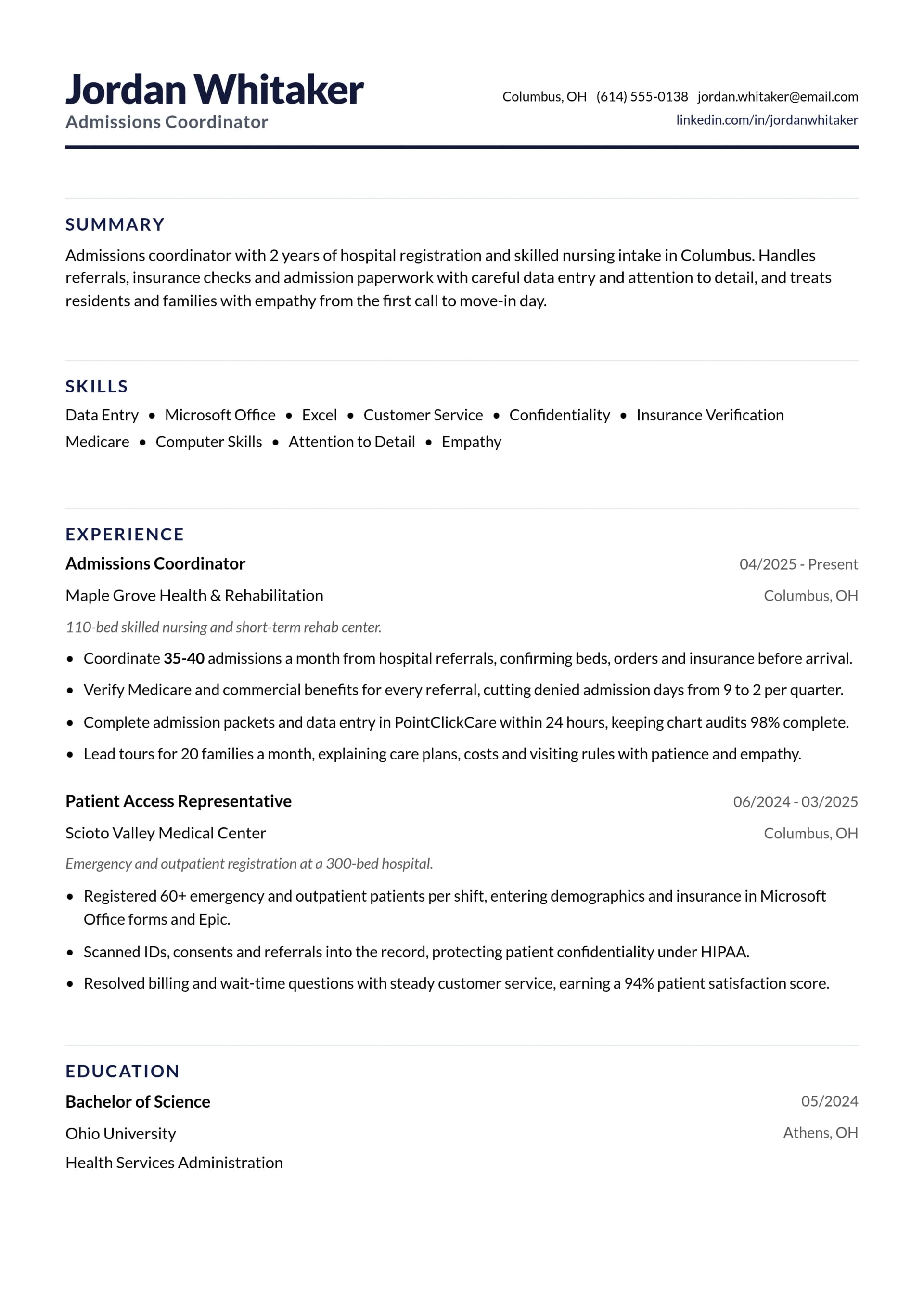 Admissions Coordinator resume example