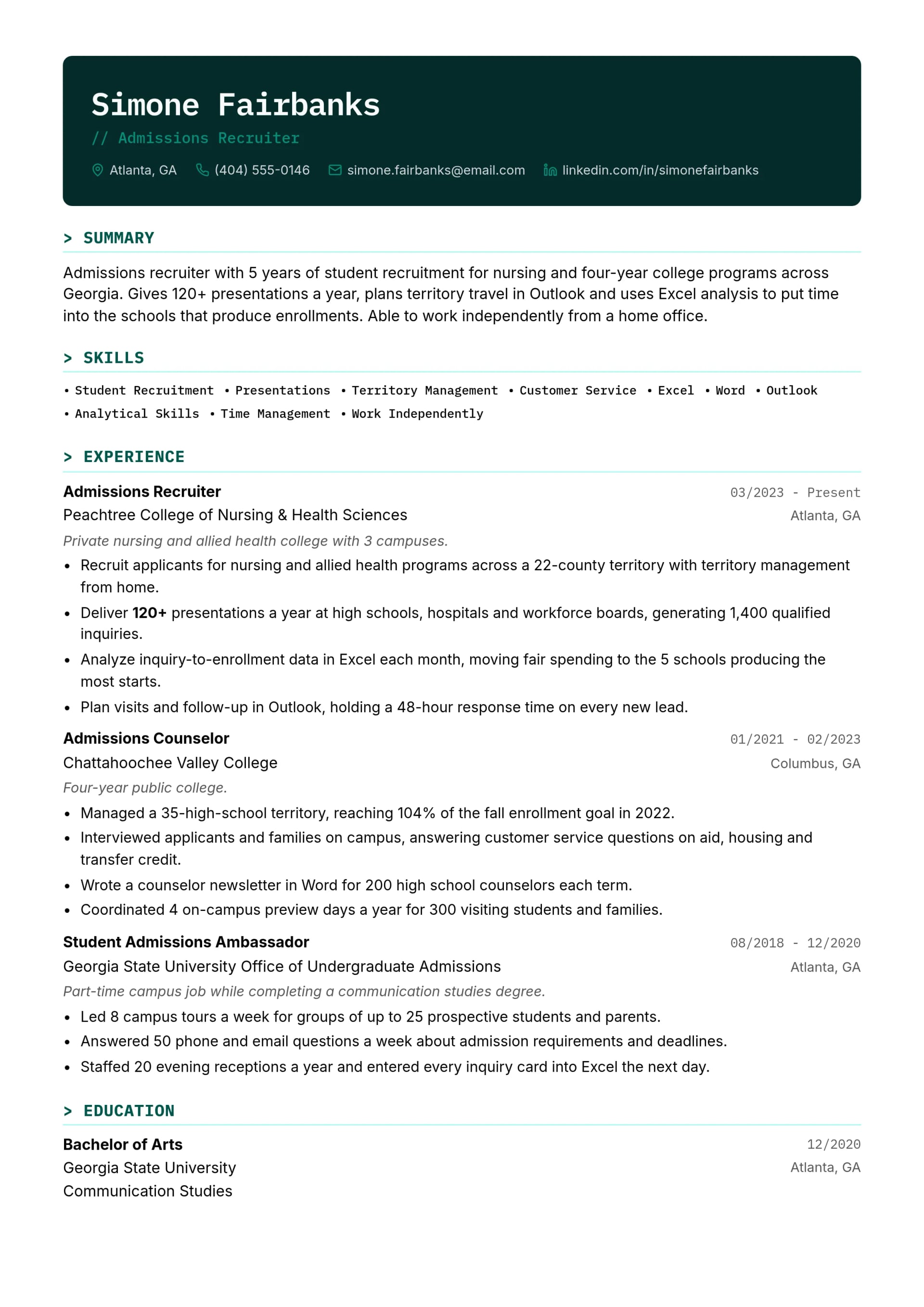 Admissions Recruiter resume example