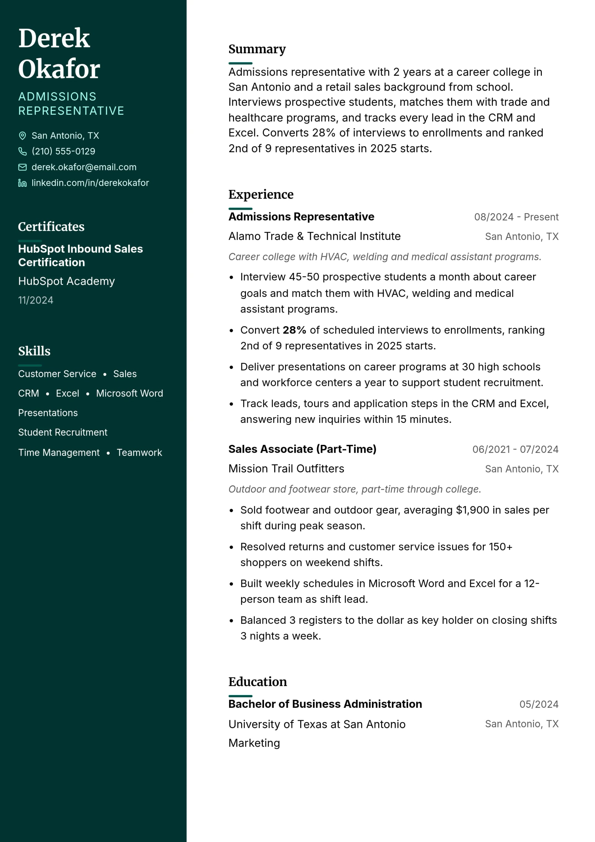 Admissions Representative resume example