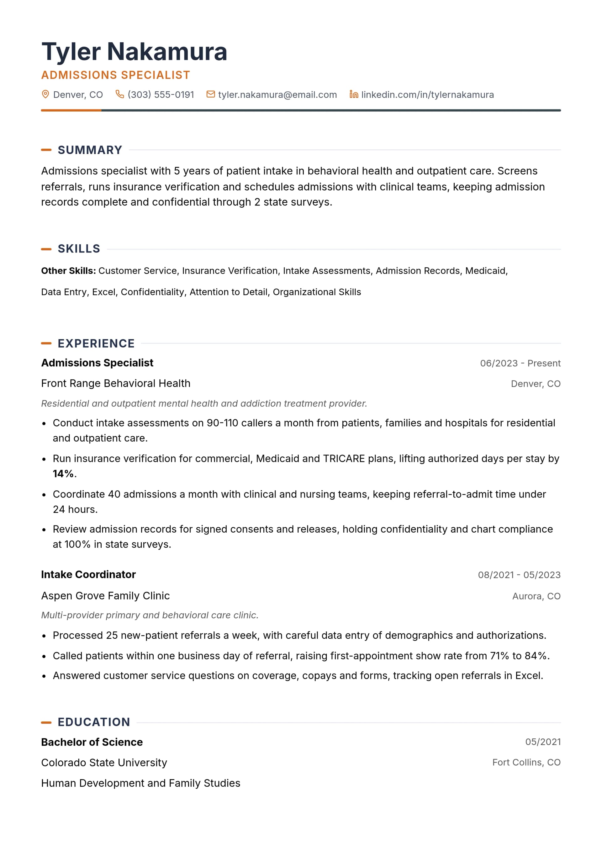Admissions Specialist resume example
