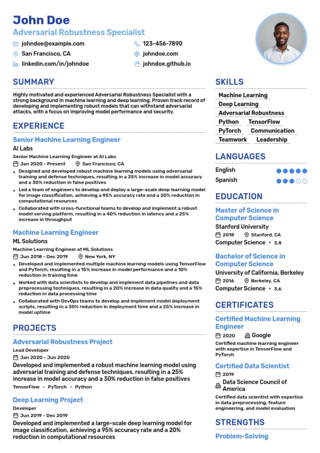 Adversarial Robustness Specialist resume example