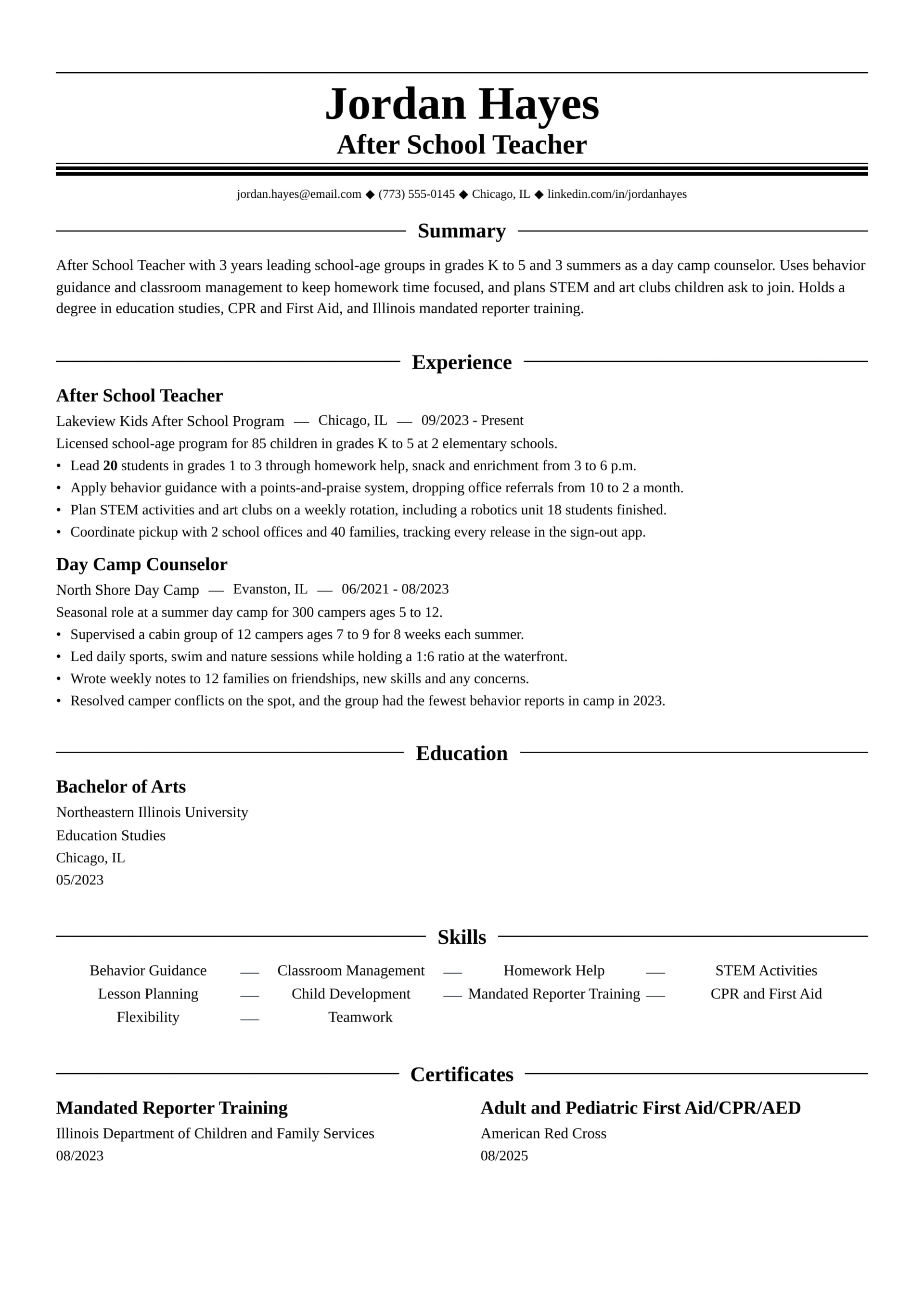 After School Teacher resume example