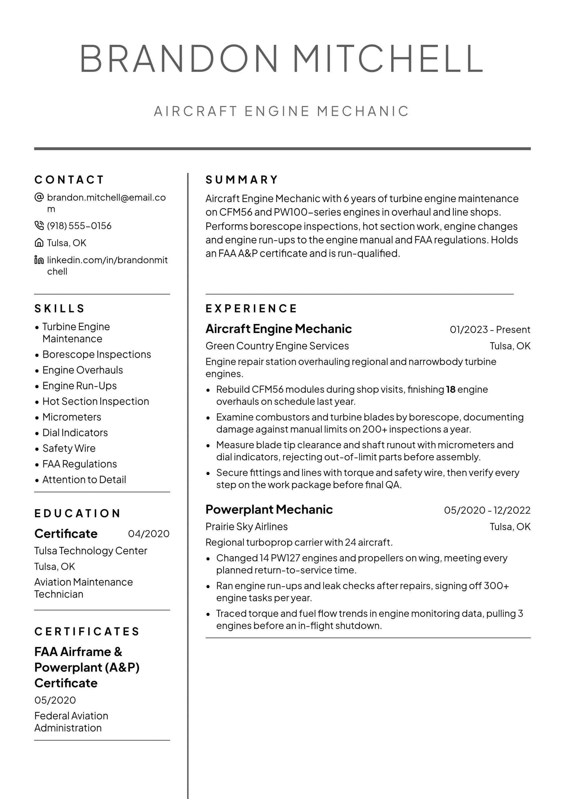 Aircraft Engine Mechanic resume example