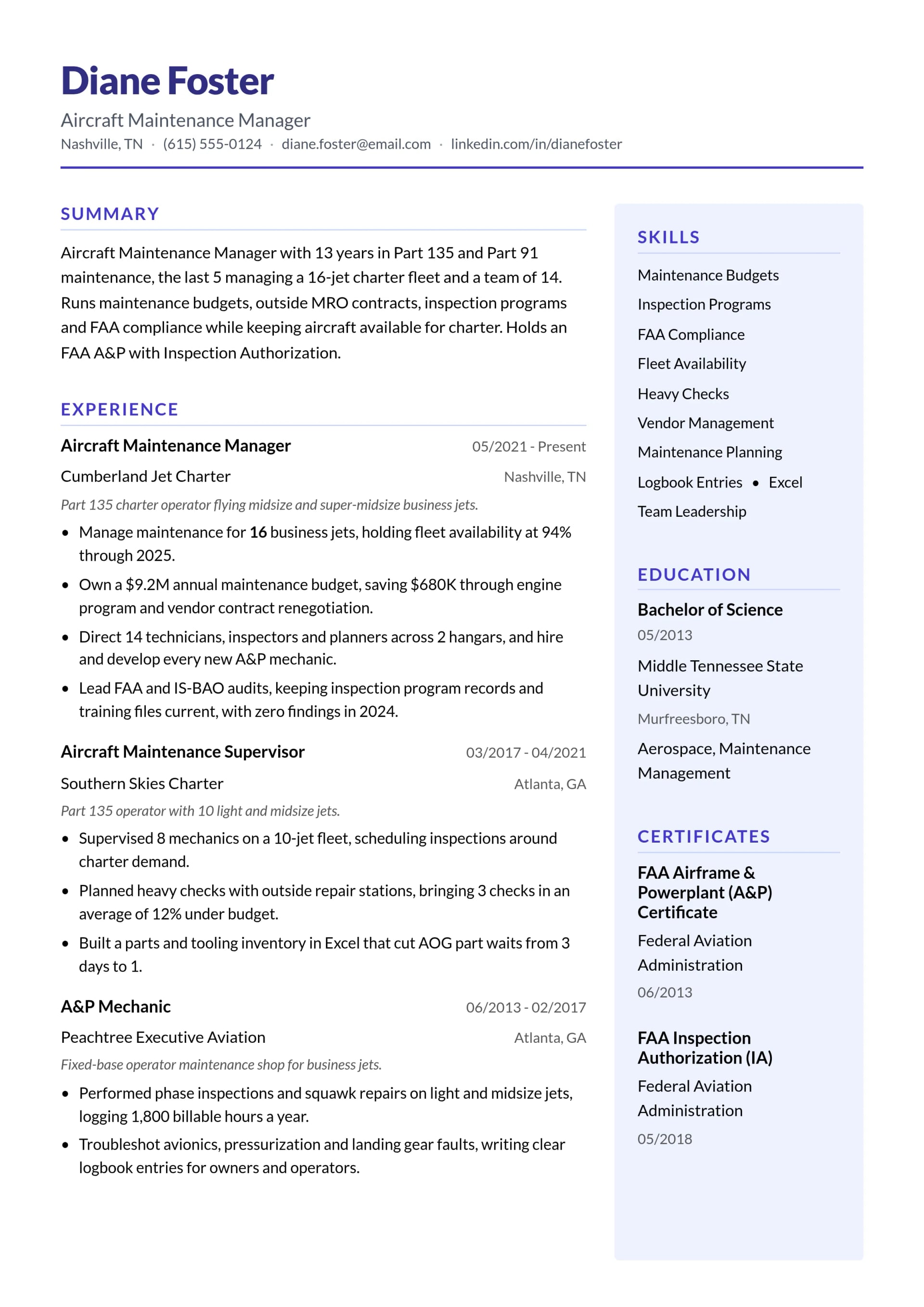 Aircraft Maintenance Manager resume example