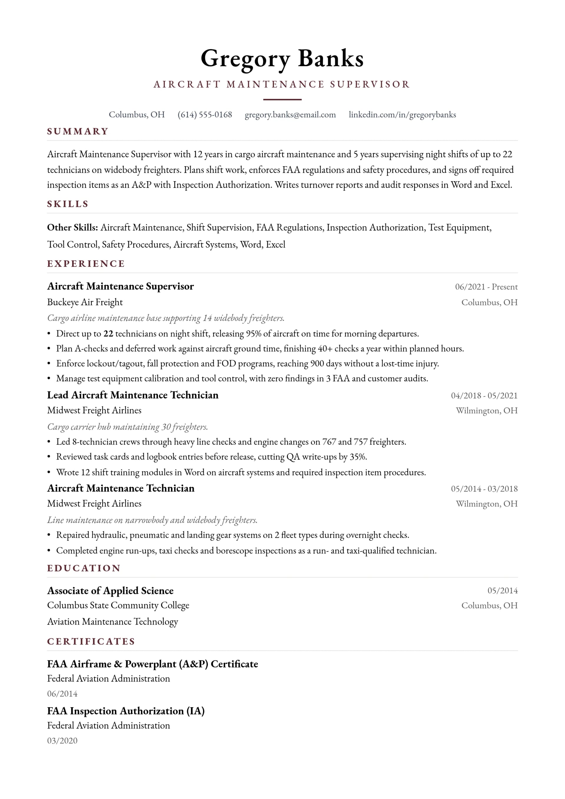 Aircraft Maintenance Supervisor resume example