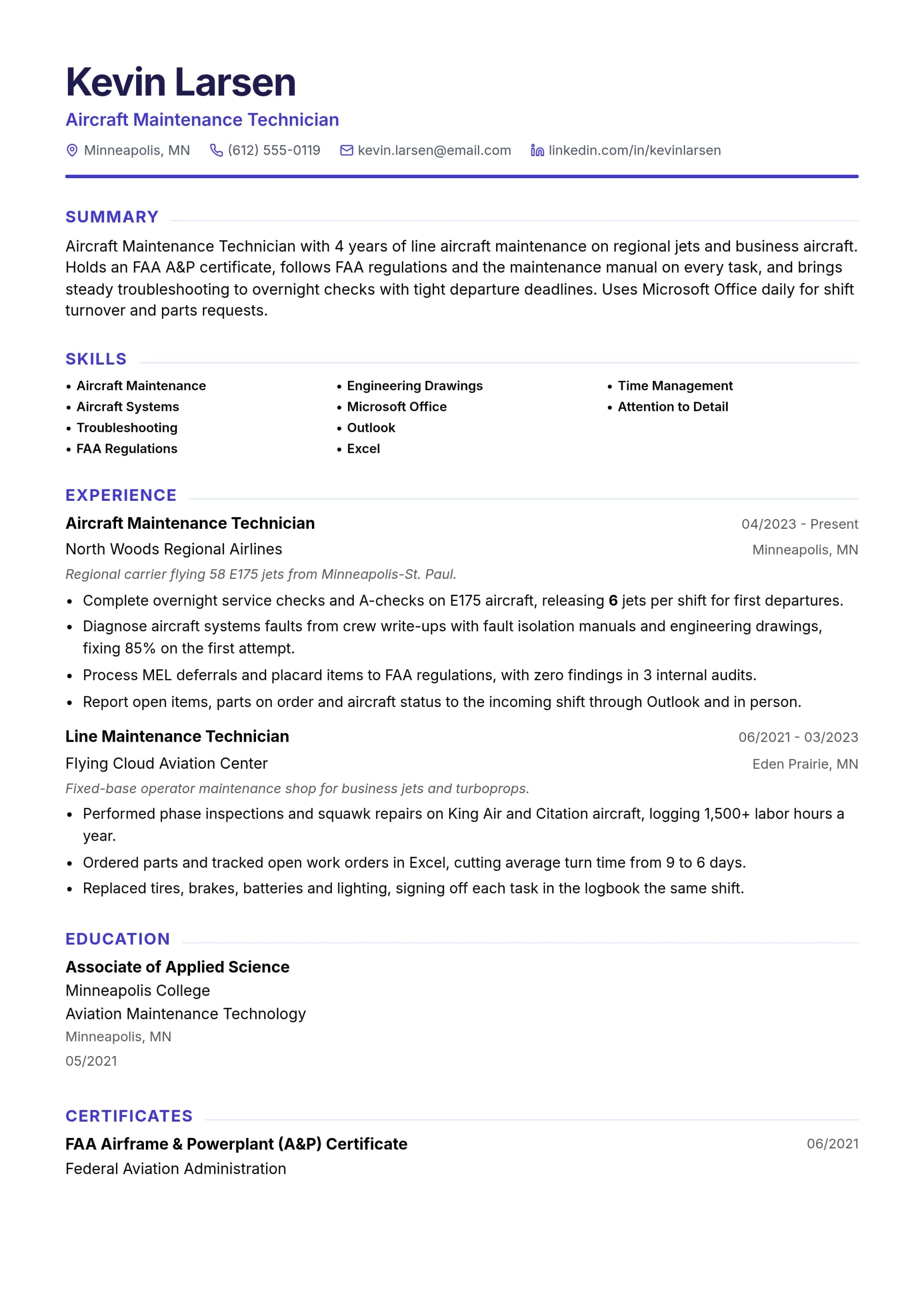 Aircraft Maintenance Technician resume example