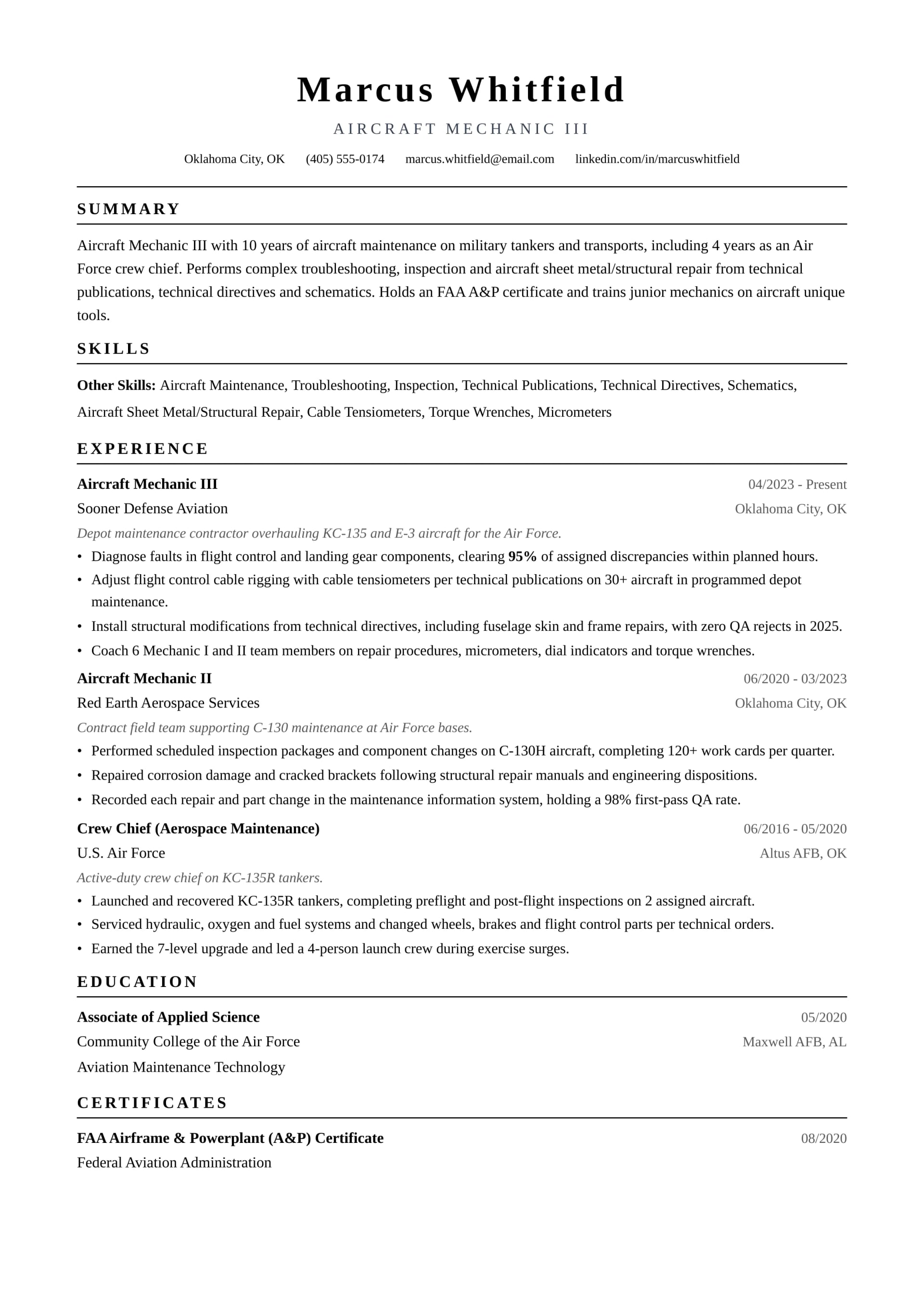 Aircraft Mechanic III resume example