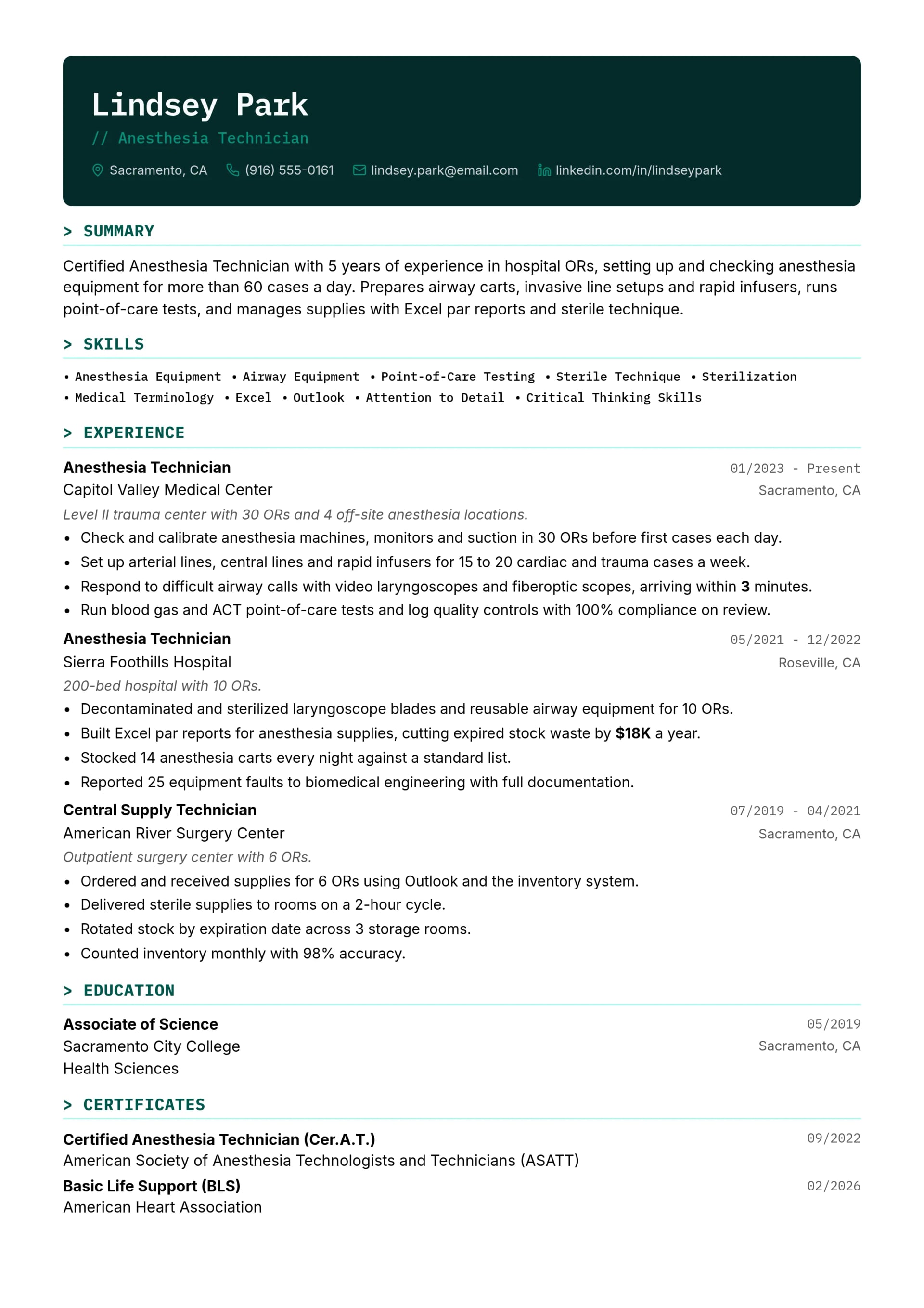 Anesthesia Technician resume example