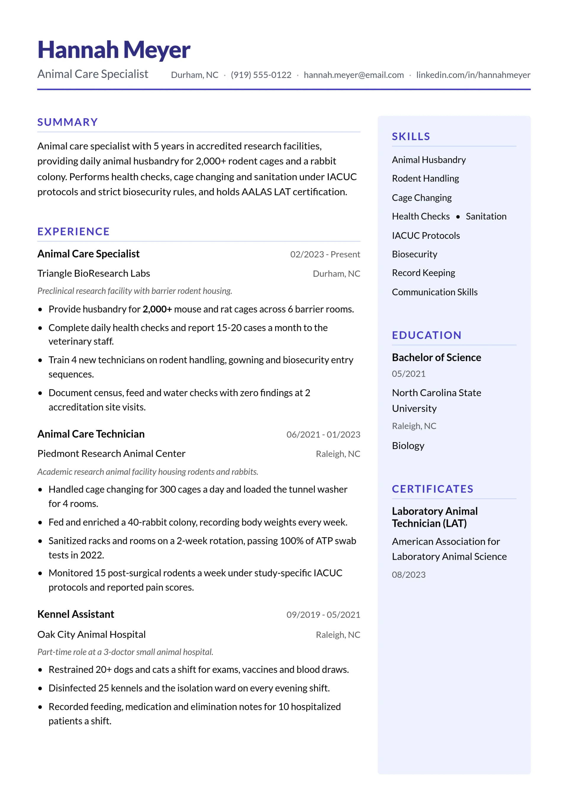 Animal Care Specialist resume example