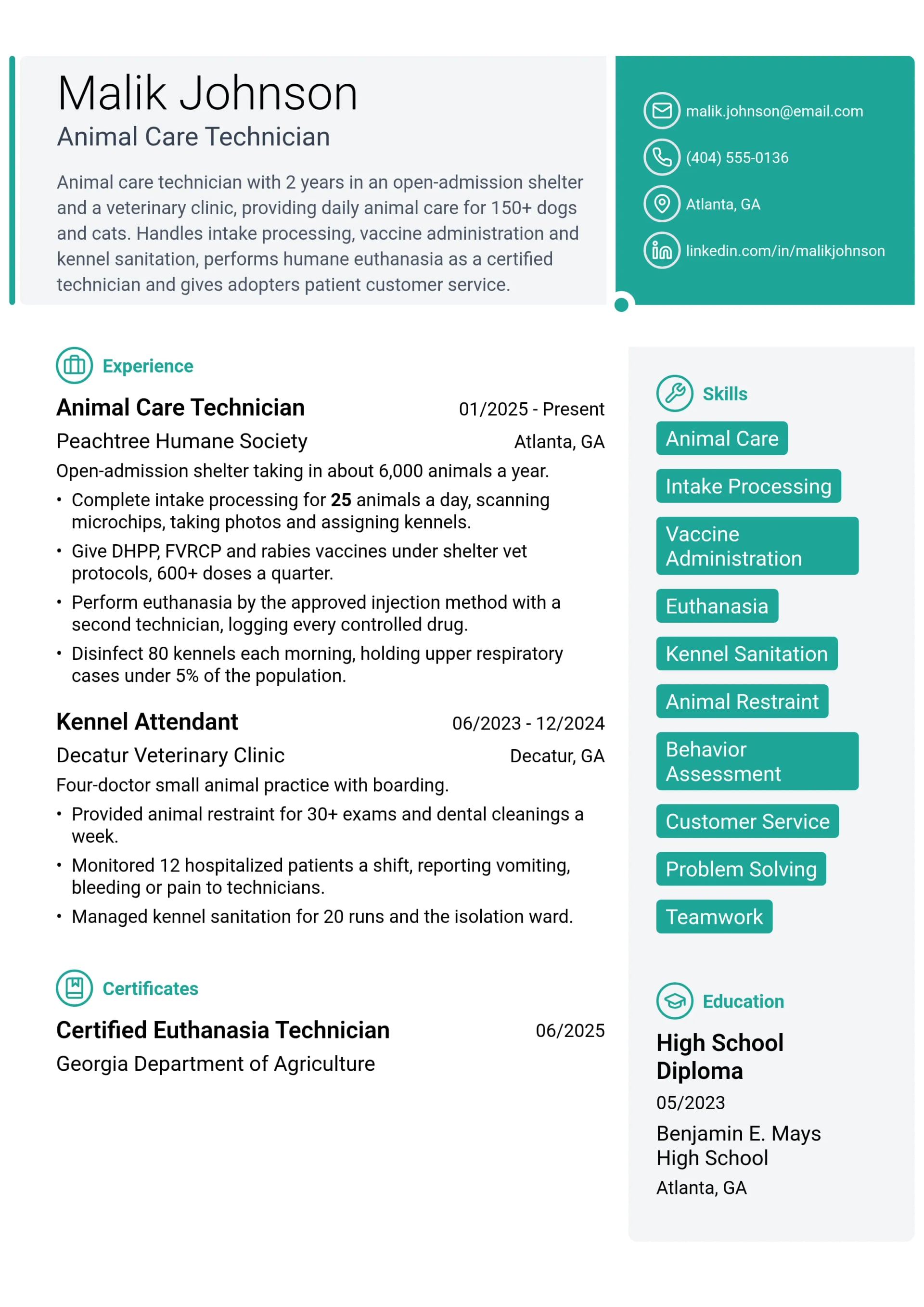 Animal Care Technician resume example