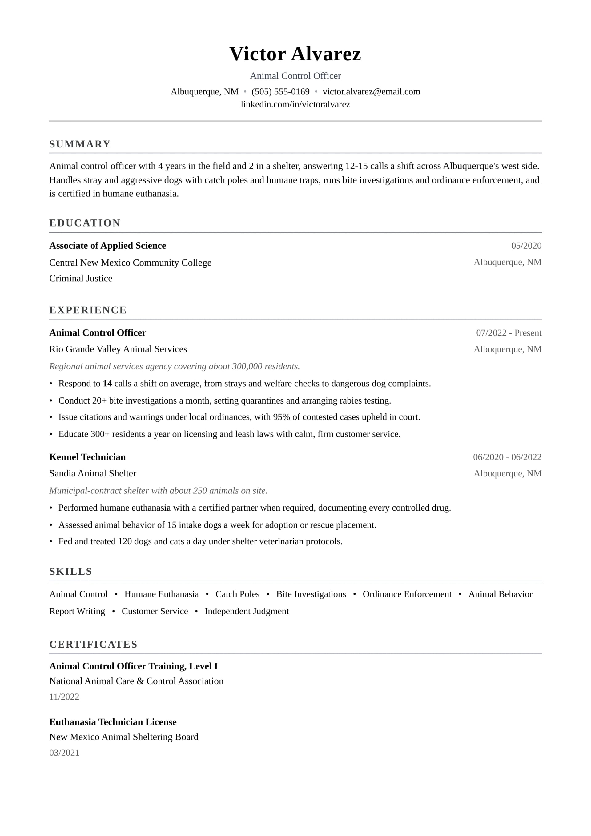 Animal Control Officer resume example