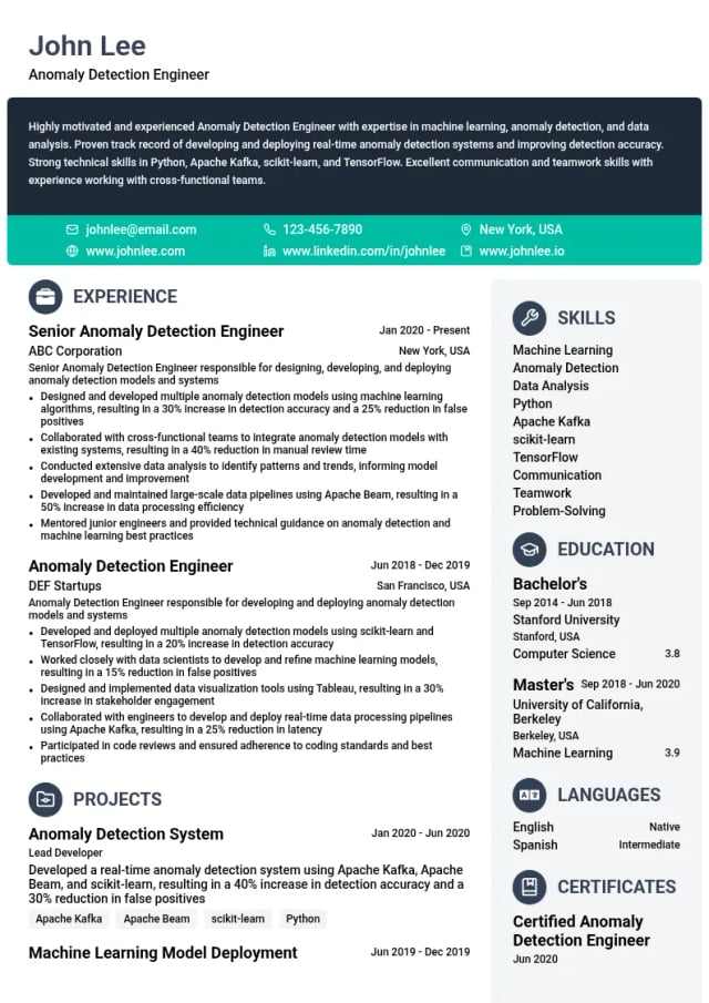 Anomaly Detection Engineer resume example