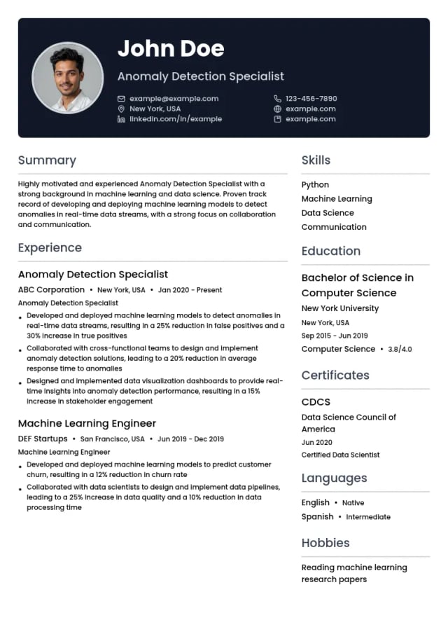 Anomaly Detection Specialist resume example