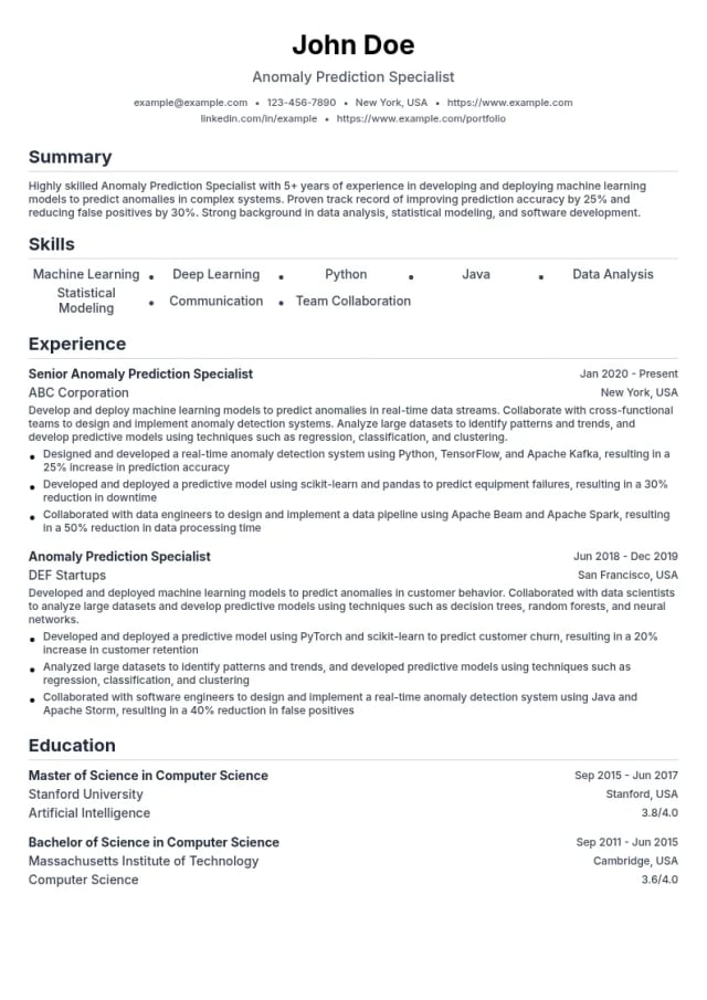 Anomaly Prediction Specialist resume example