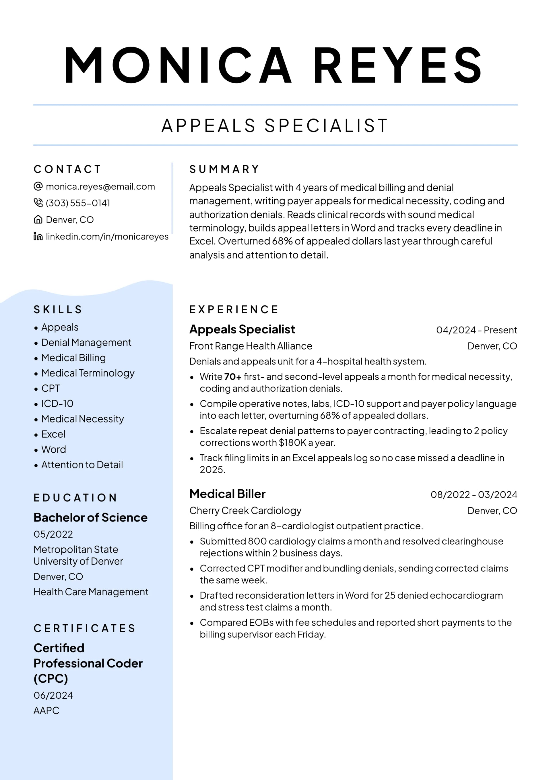 Appeals Specialist resume example