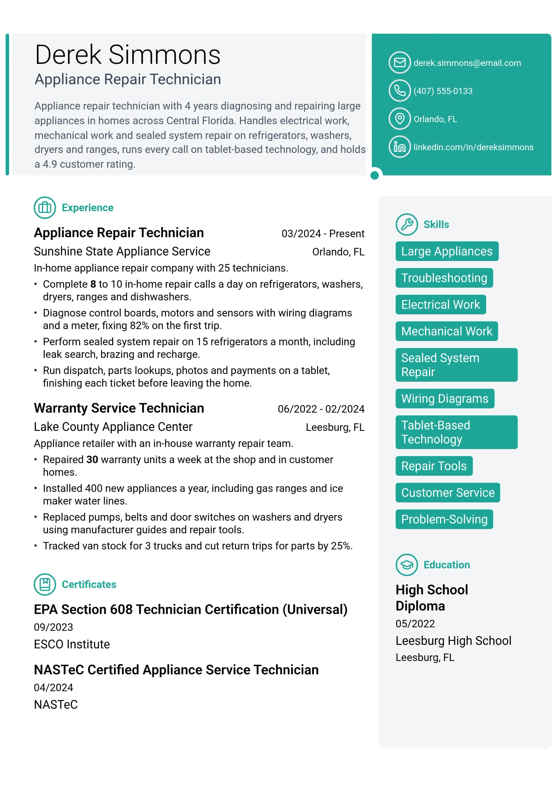 Appliance Repair Technician resume example