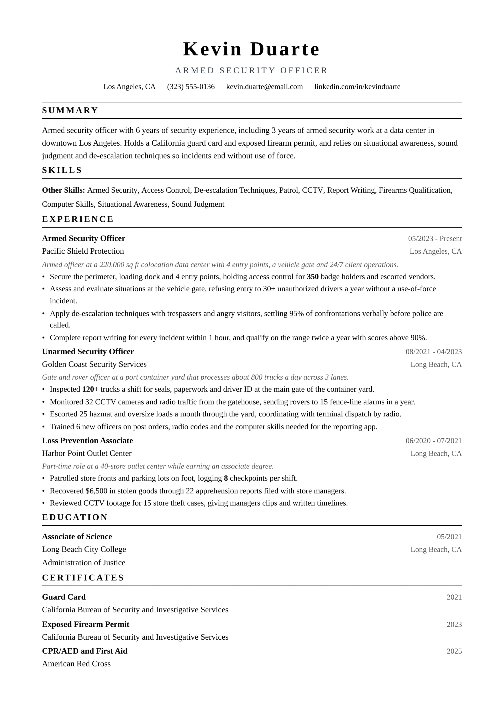 Armed Security Officer resume example