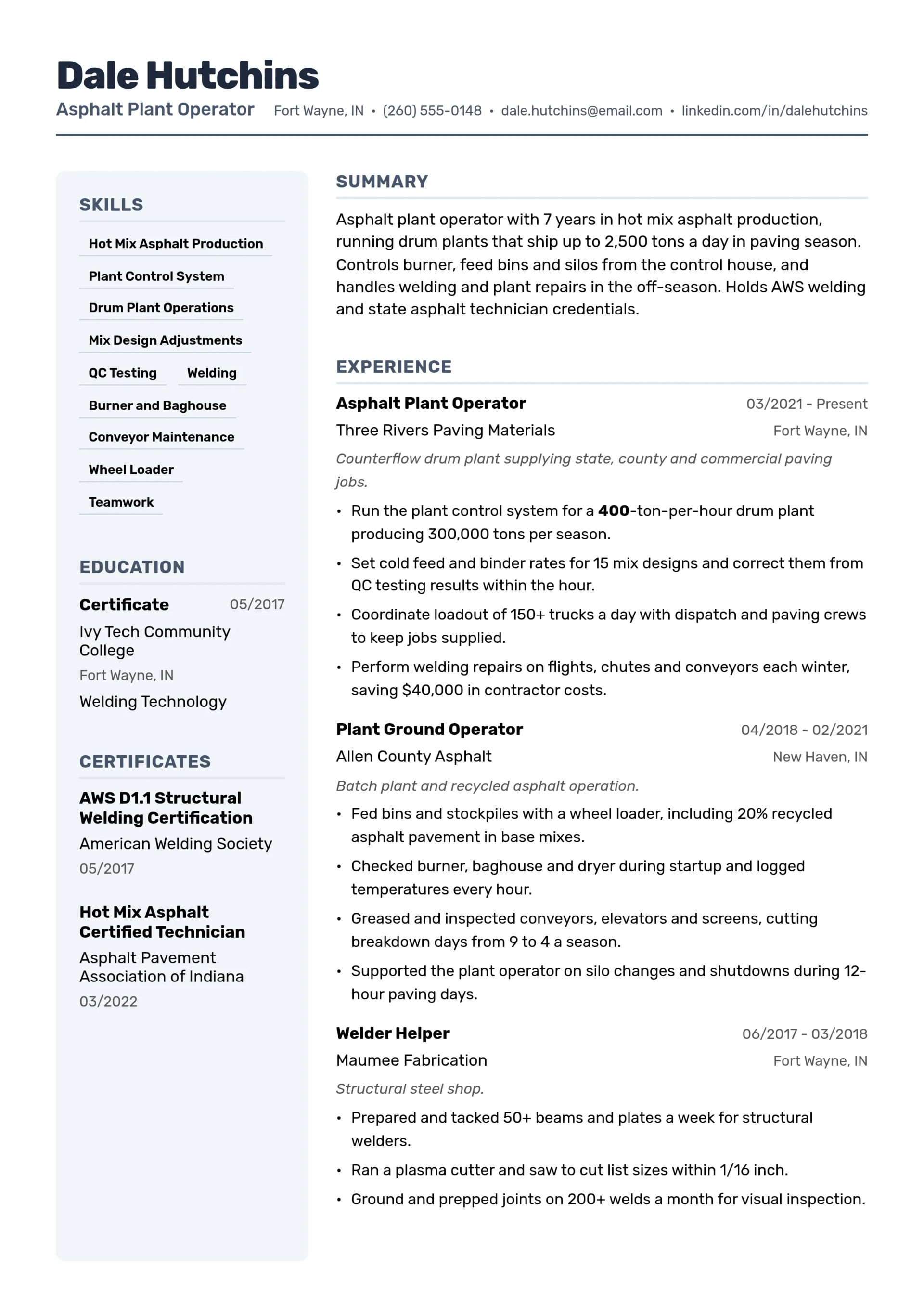 Asphalt Plant Operator resume example
