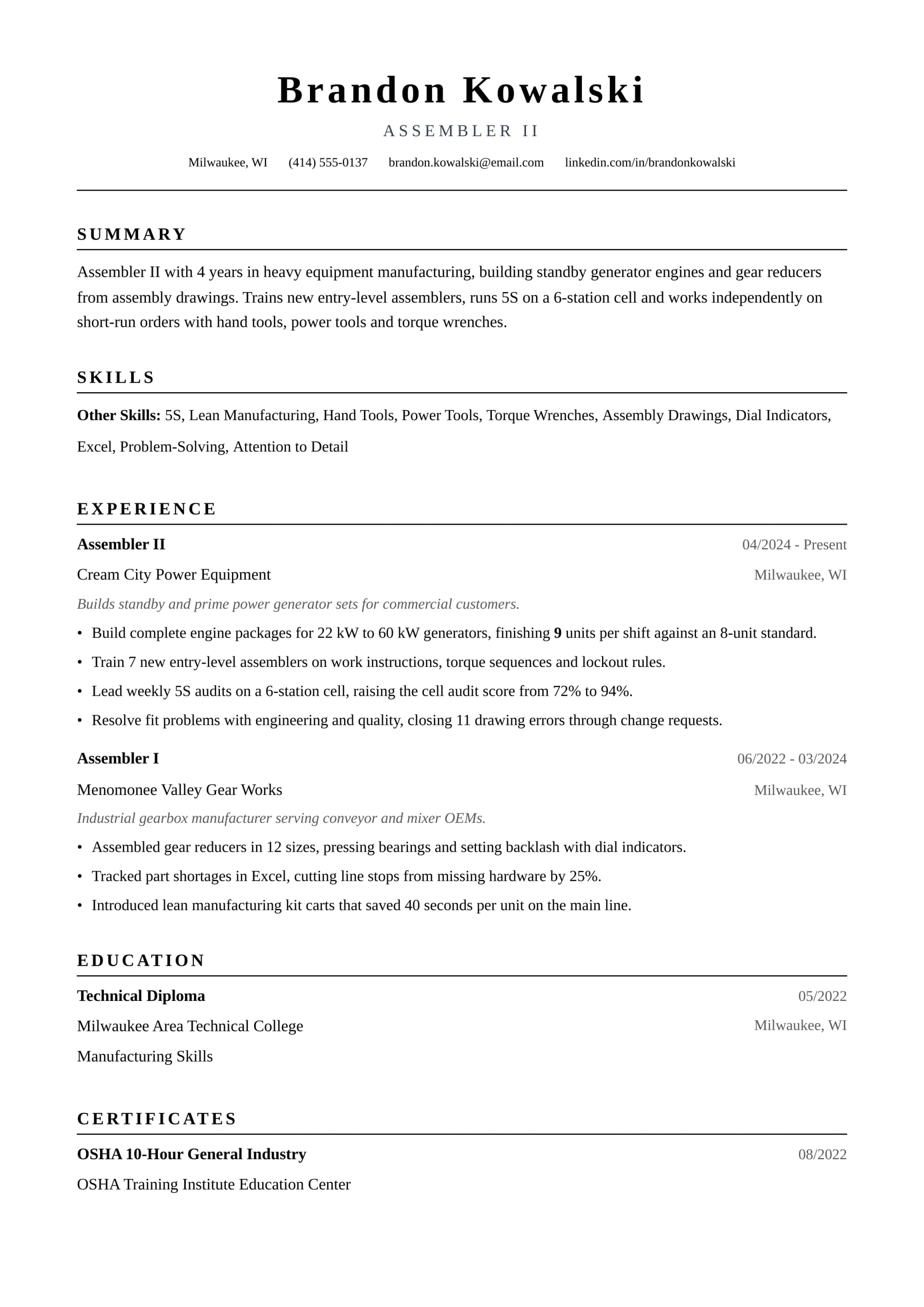 Assembler II resume example