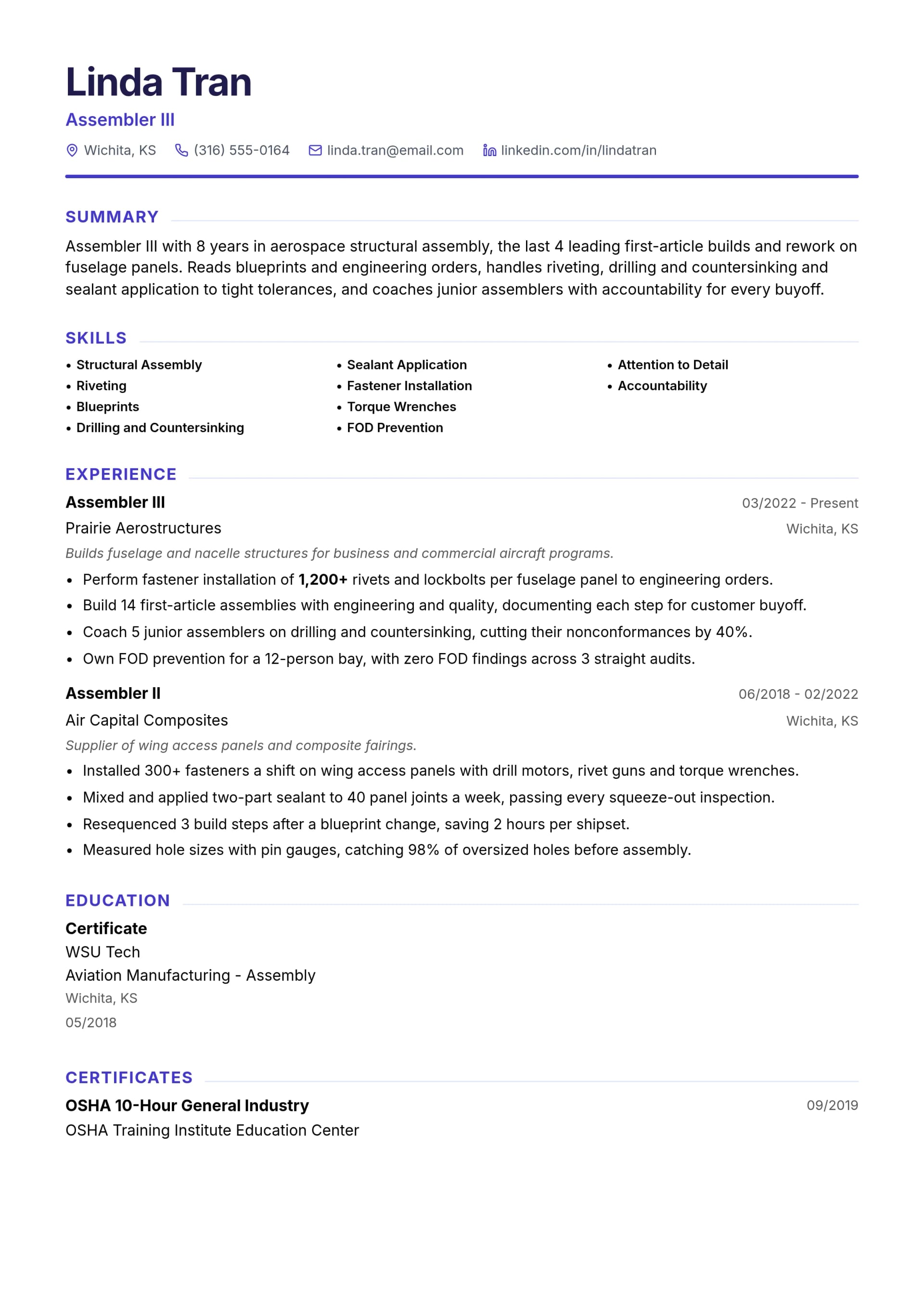 Assembler III resume example