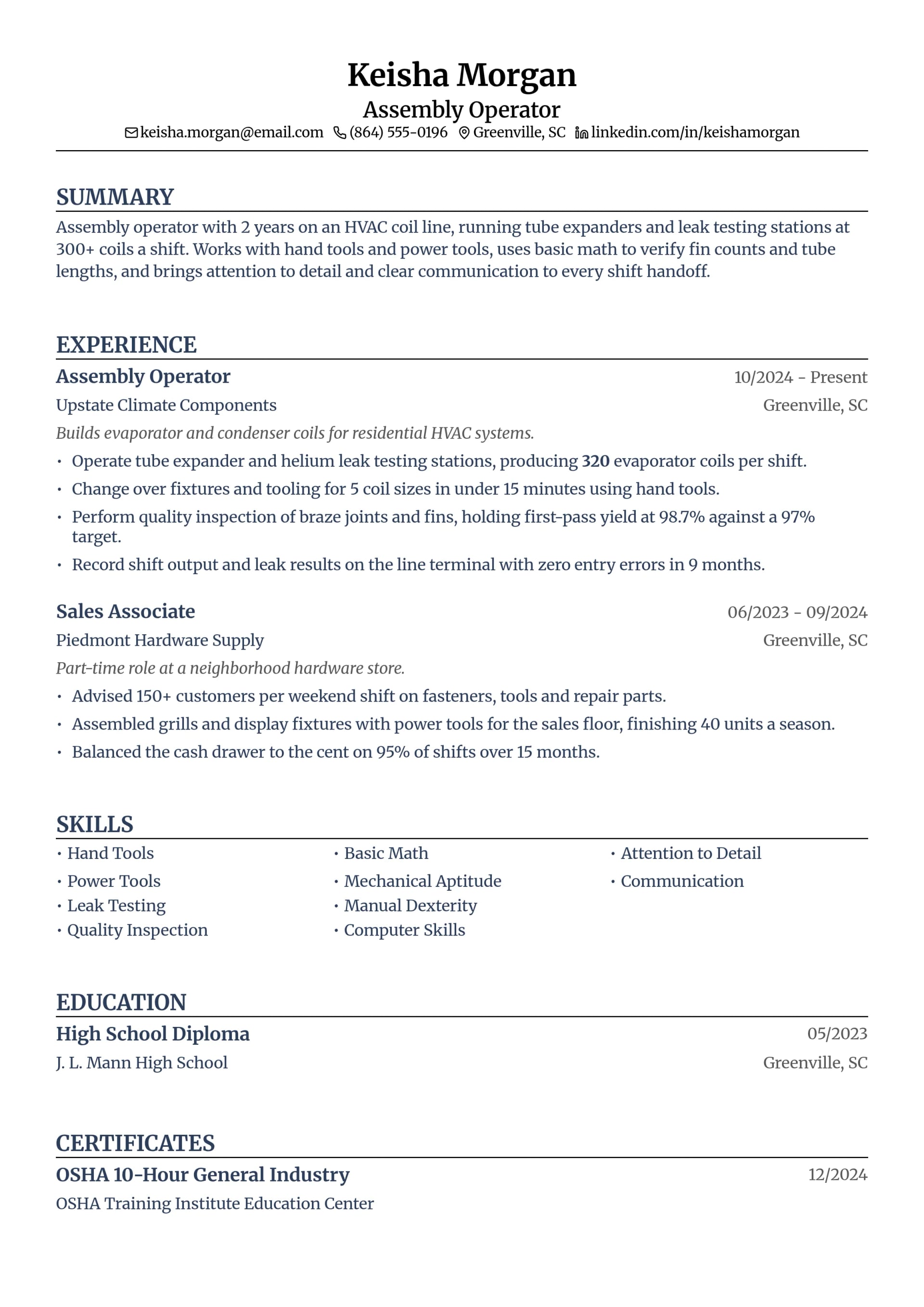Assembly Operator resume example