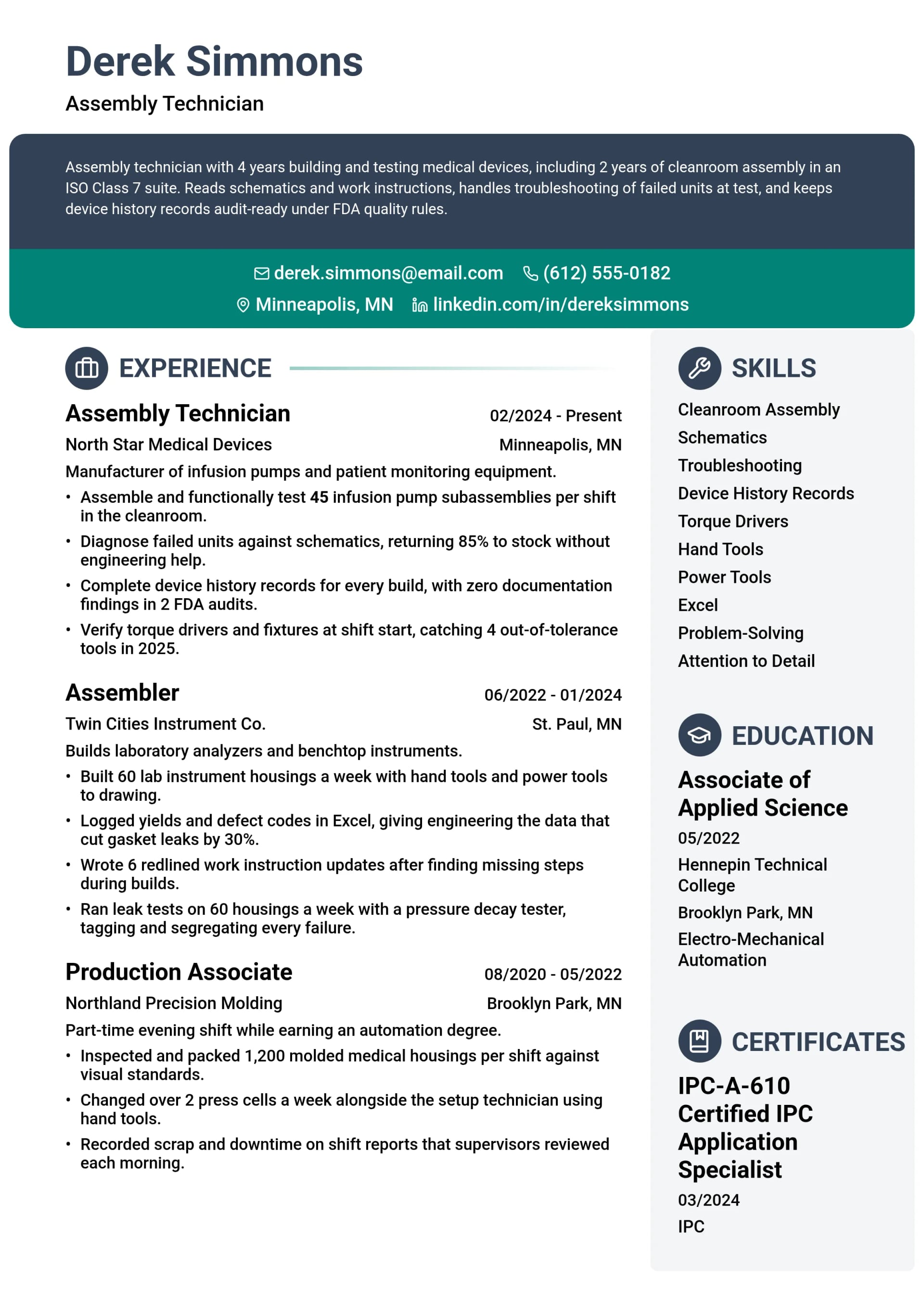 Assembly Technician resume example