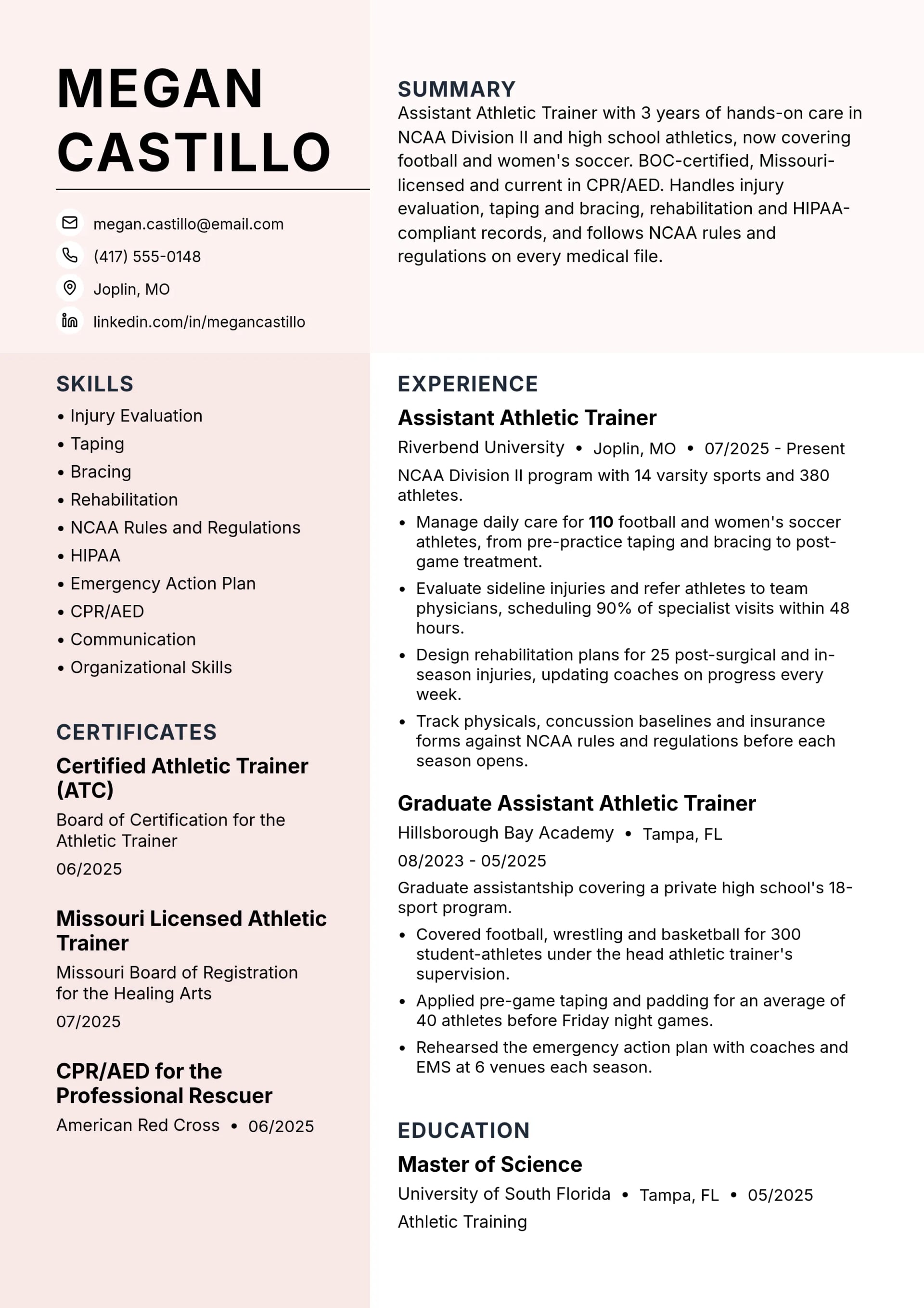 Assistant Athletic Trainer resume example