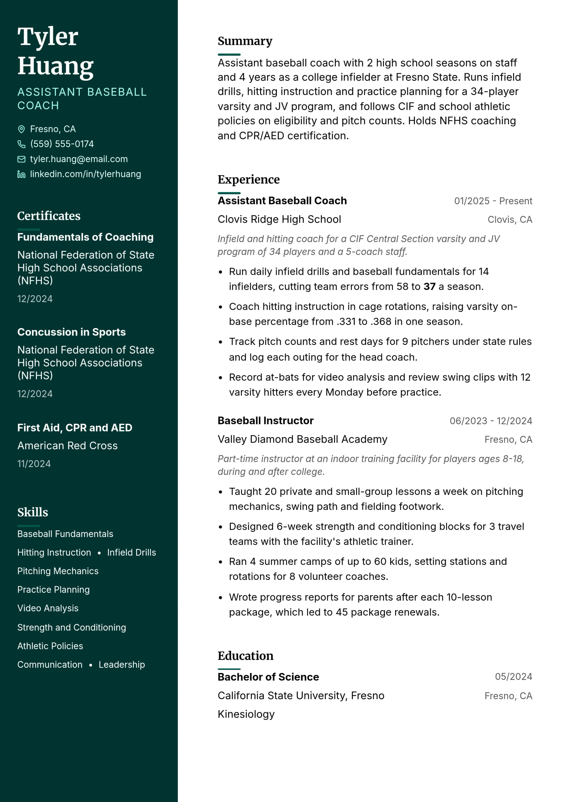 Assistant Baseball Coach resume example