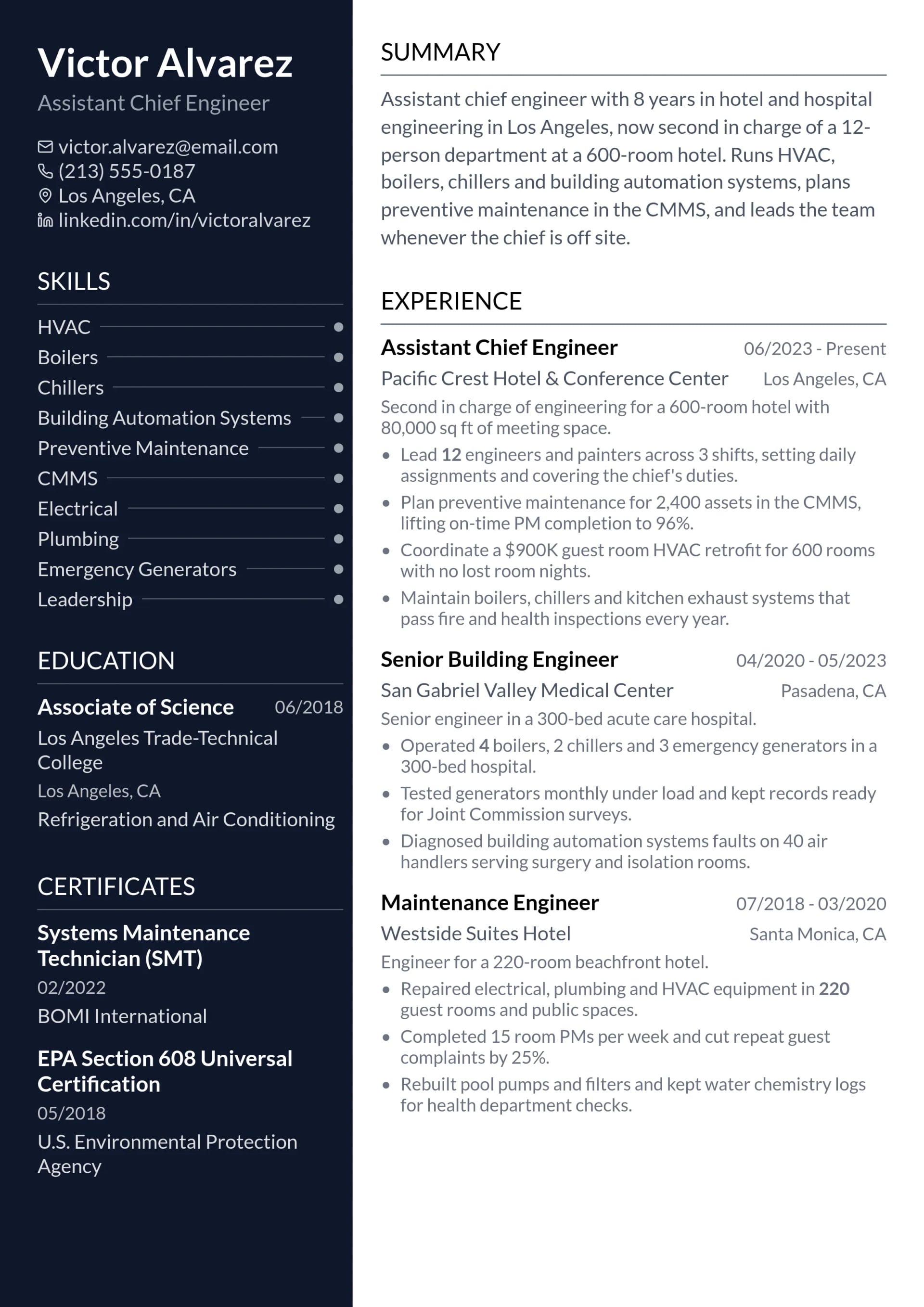 Assistant Chief Engineer resume example