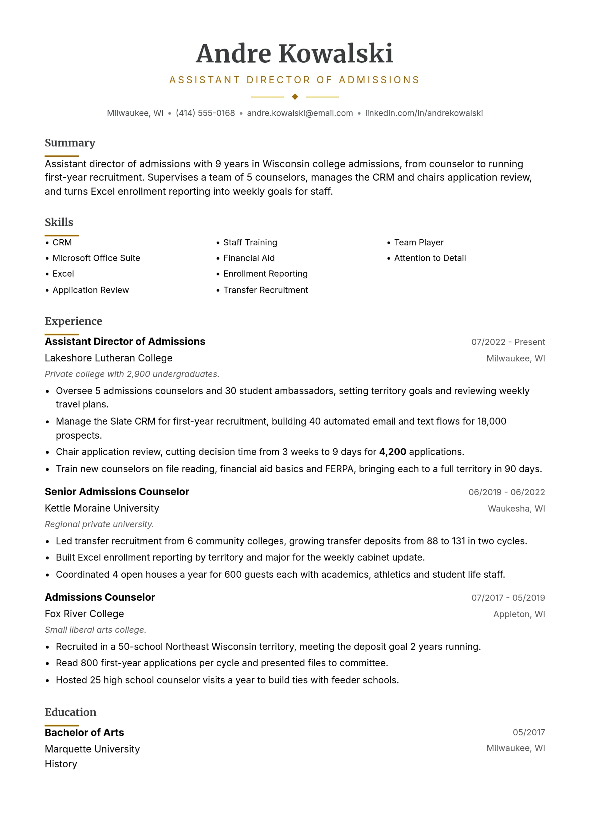 Assistant Director of Admissions resume example
