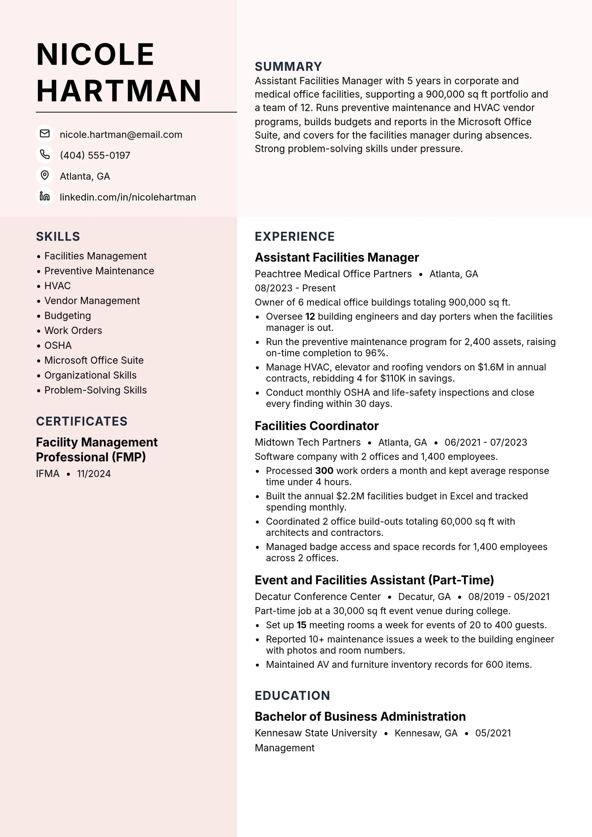 Assistant Facilities Manager resume example