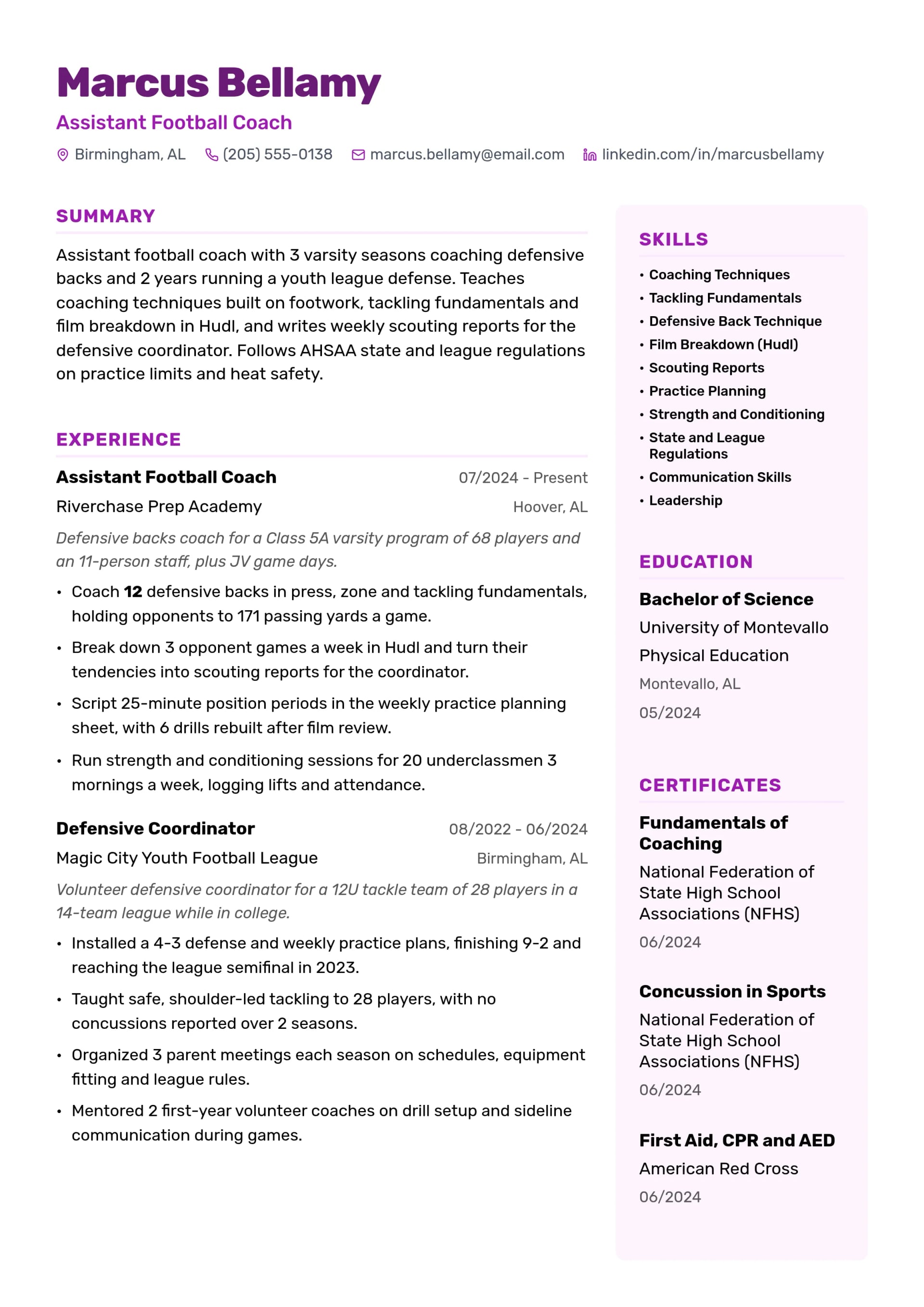 Assistant Football Coach resume example