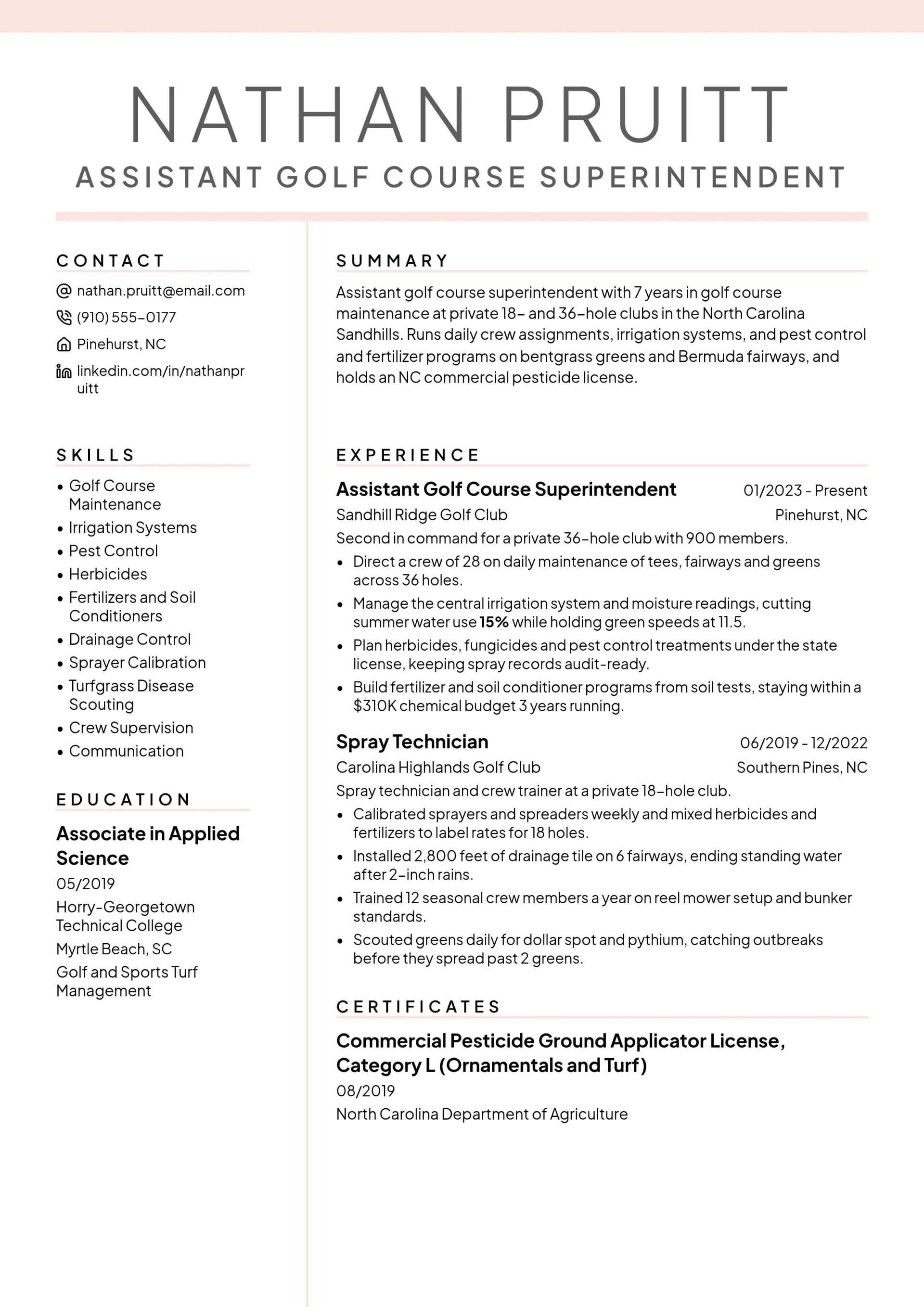 Assistant Golf Course Superintendent resume example