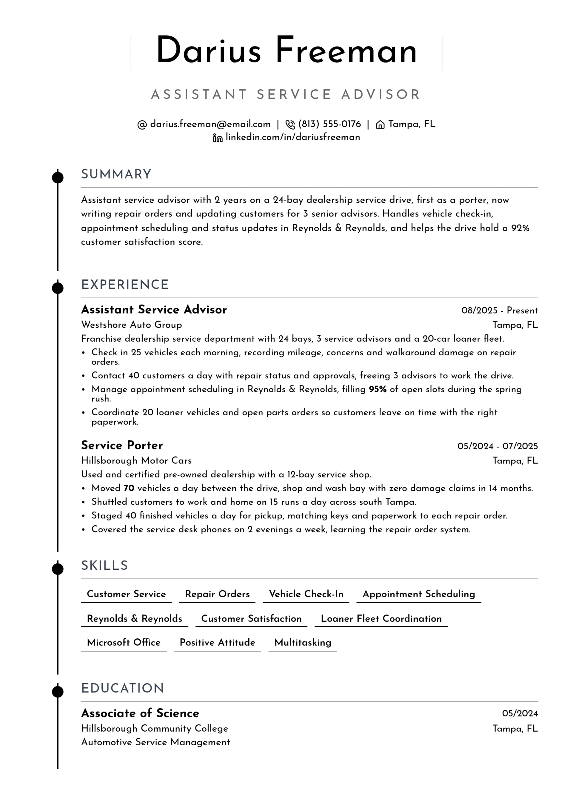 Assistant Service Advisor resume example