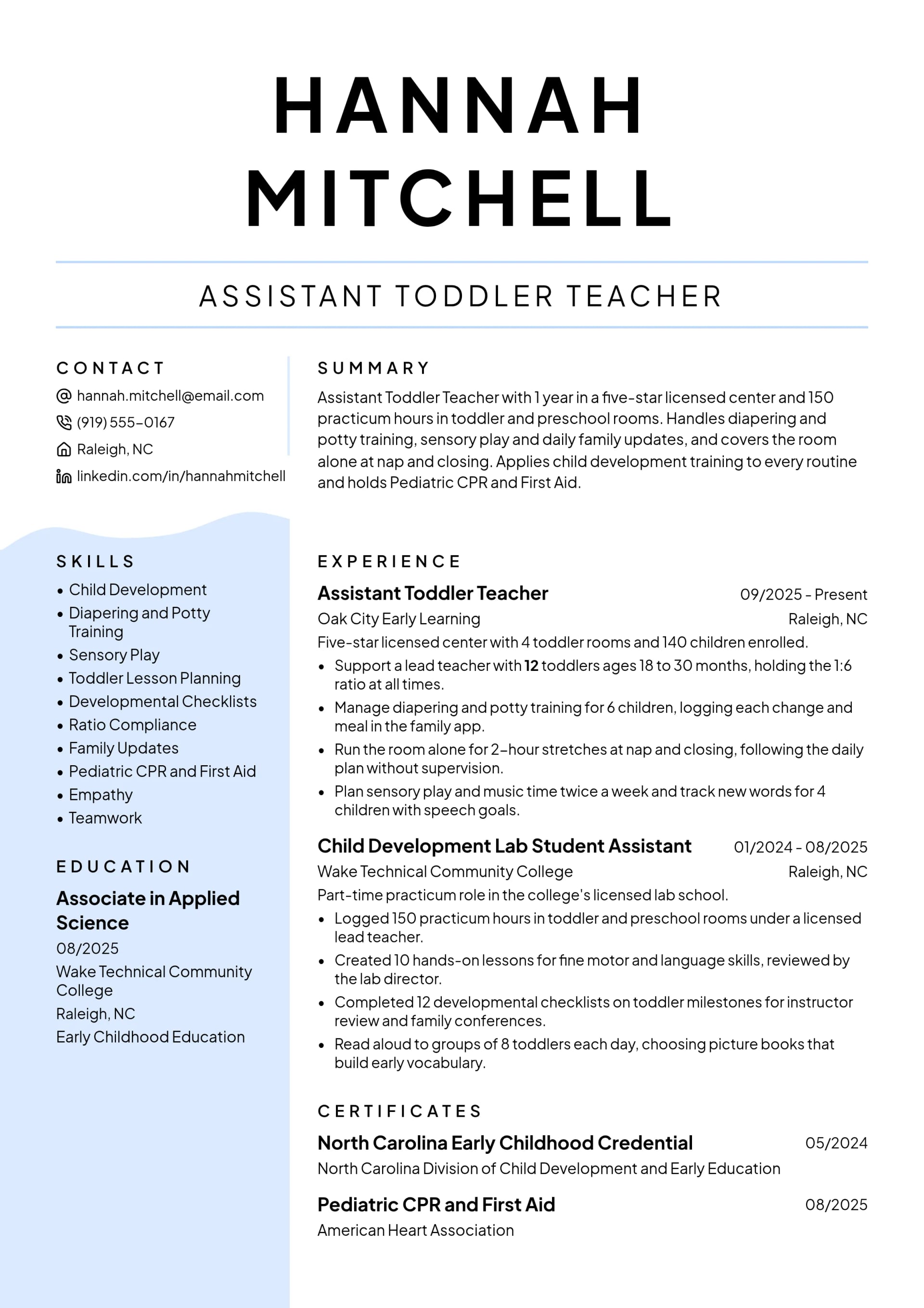 Assistant Toddler Teacher resume example